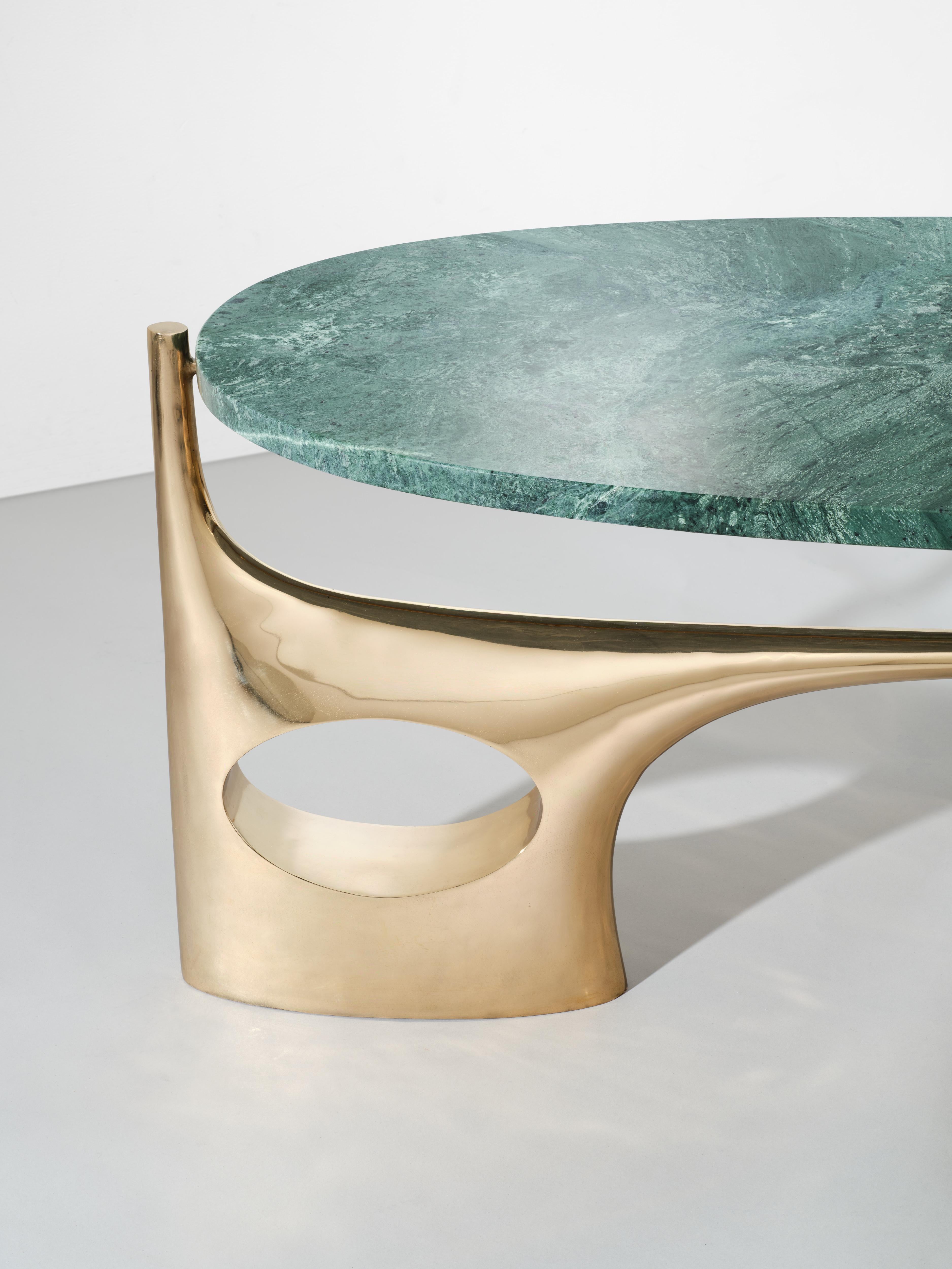 Modern Polished Cast Bronze coffee table with marble top - after Philippe Hiquily For Sale