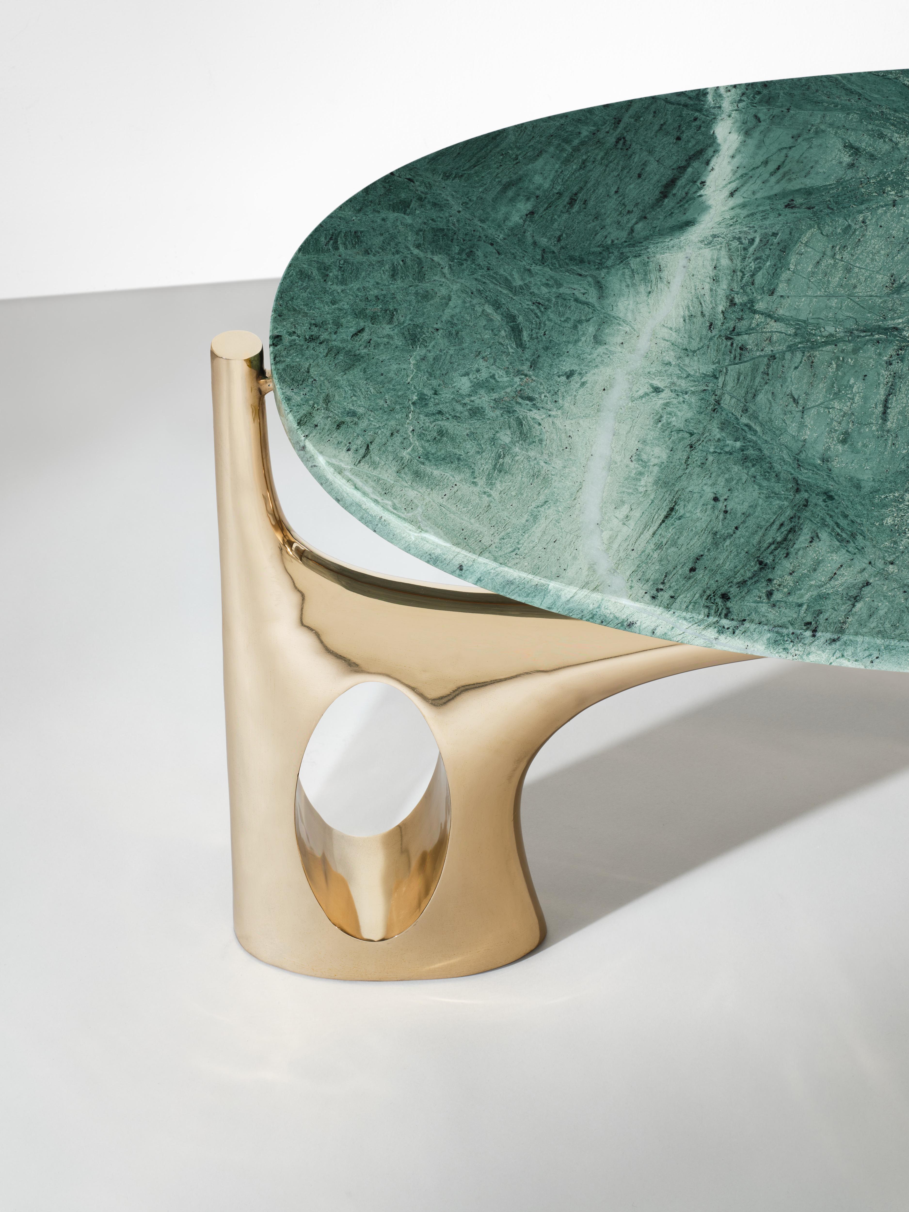 British Polished Cast Bronze coffee table with marble top - after Philippe Hiquily For Sale