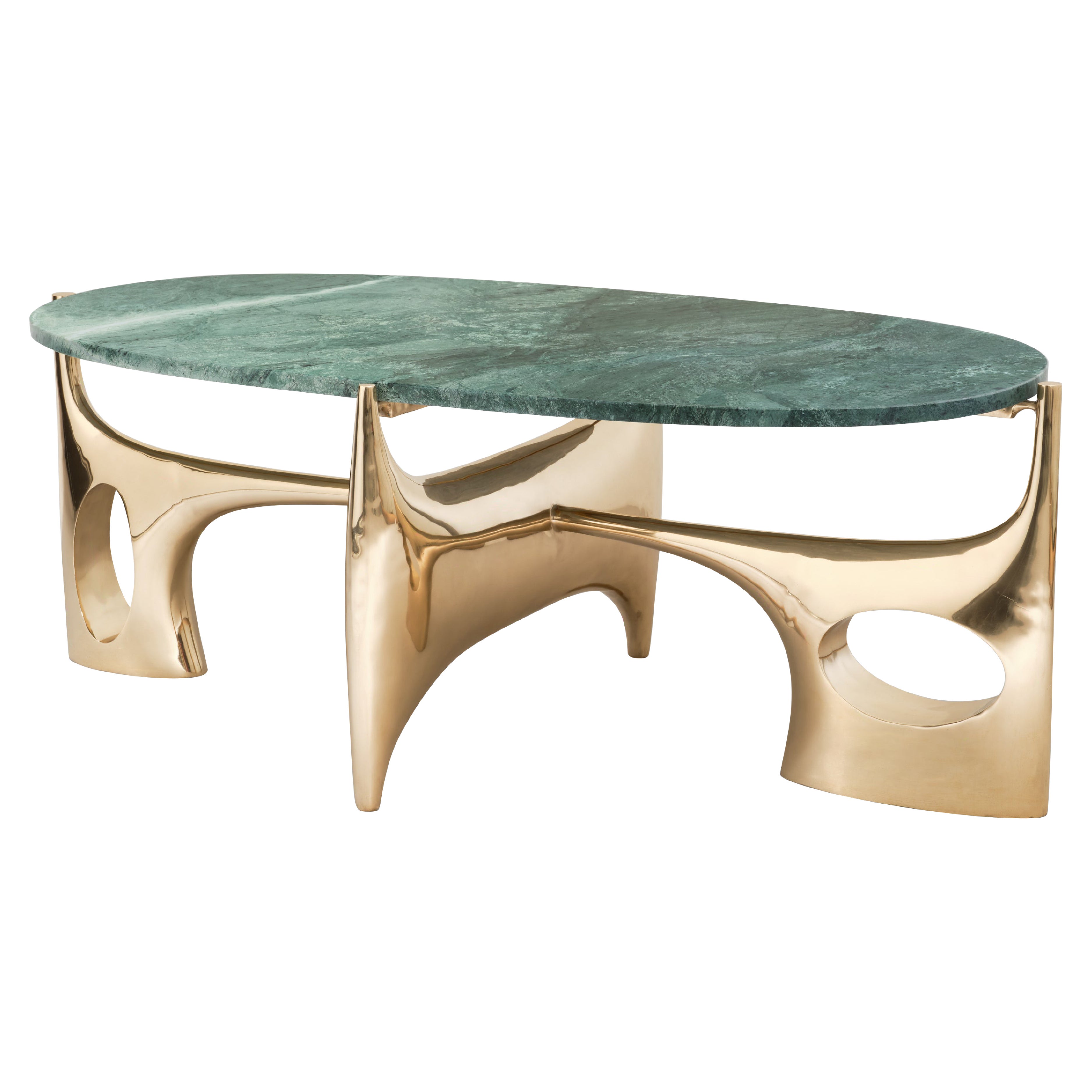Polished Cast Bronze coffee table with marble top - after Philippe Hiquily For Sale