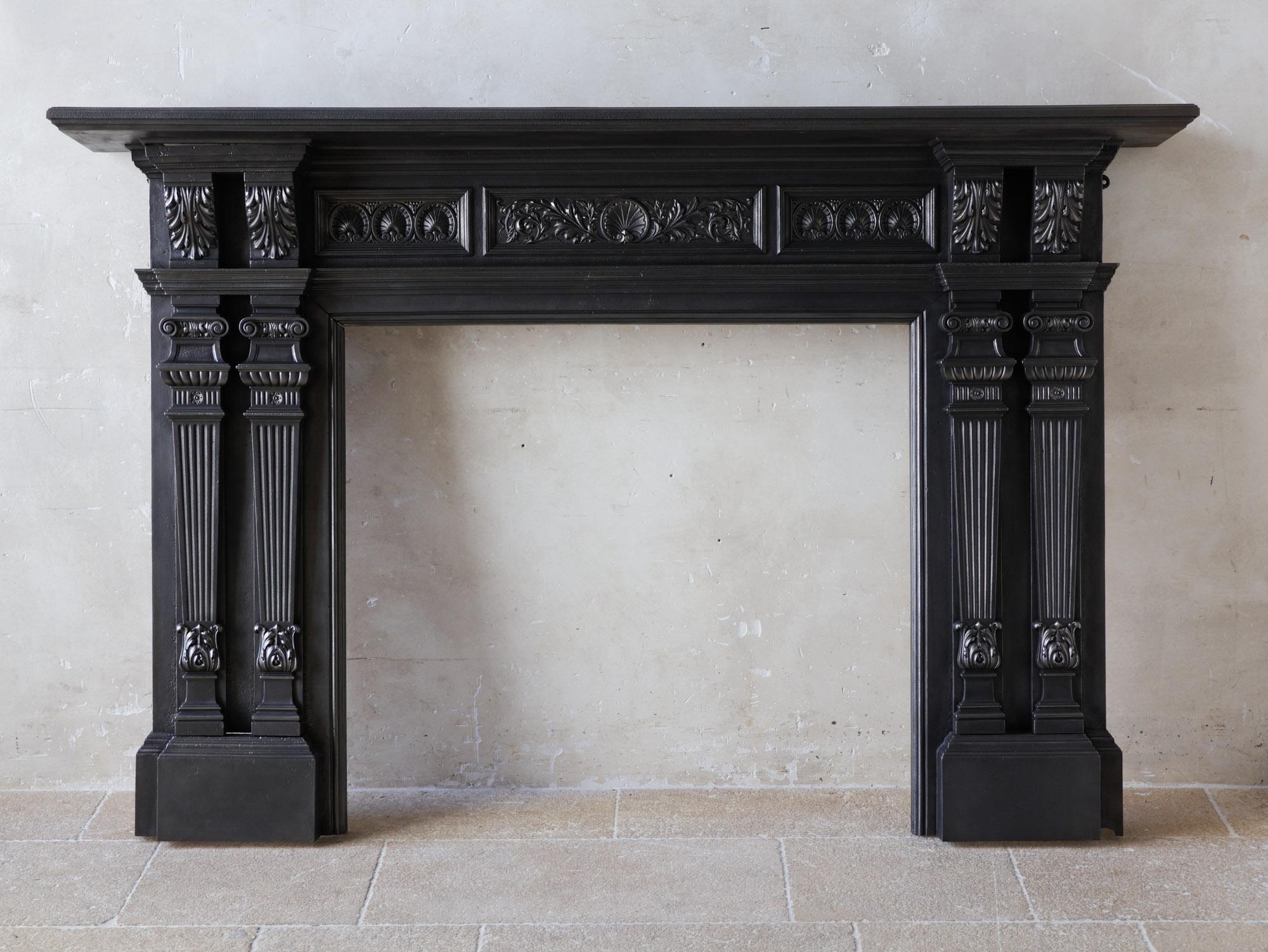 French Polished Cast Iron Fireplace Mantel - Classic Ornamentation, Circa 1900 For Sale