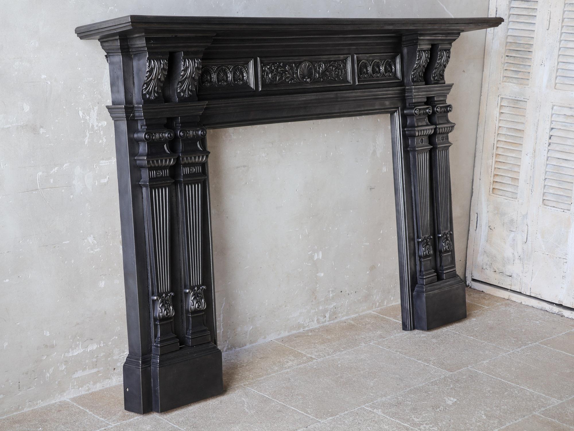 Polished Cast Iron Fireplace Mantel - Classic Ornamentation, Circa 1900 For Sale 2