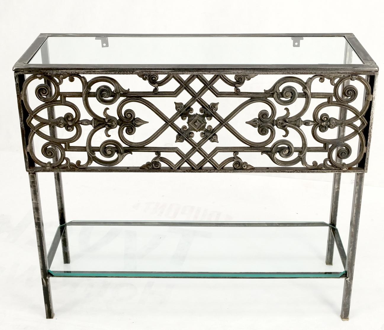 20th Century Polished Cast Iron Ornament 2 Tier Glass Top Lower Shelf Console Sofa Table For Sale