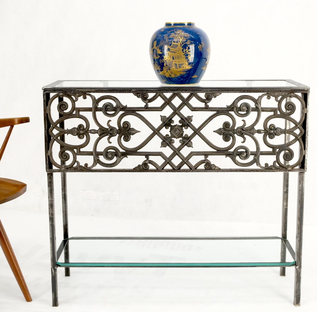 Polished Cast Iron Ornament 2 Tier Glass Top Lower Shelf Console Sofa Table For Sale 5