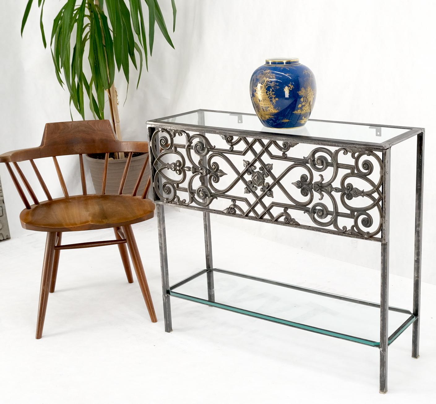 Custom made polished cast iron ornament 2 tier glass top lower shelf console sofa table.