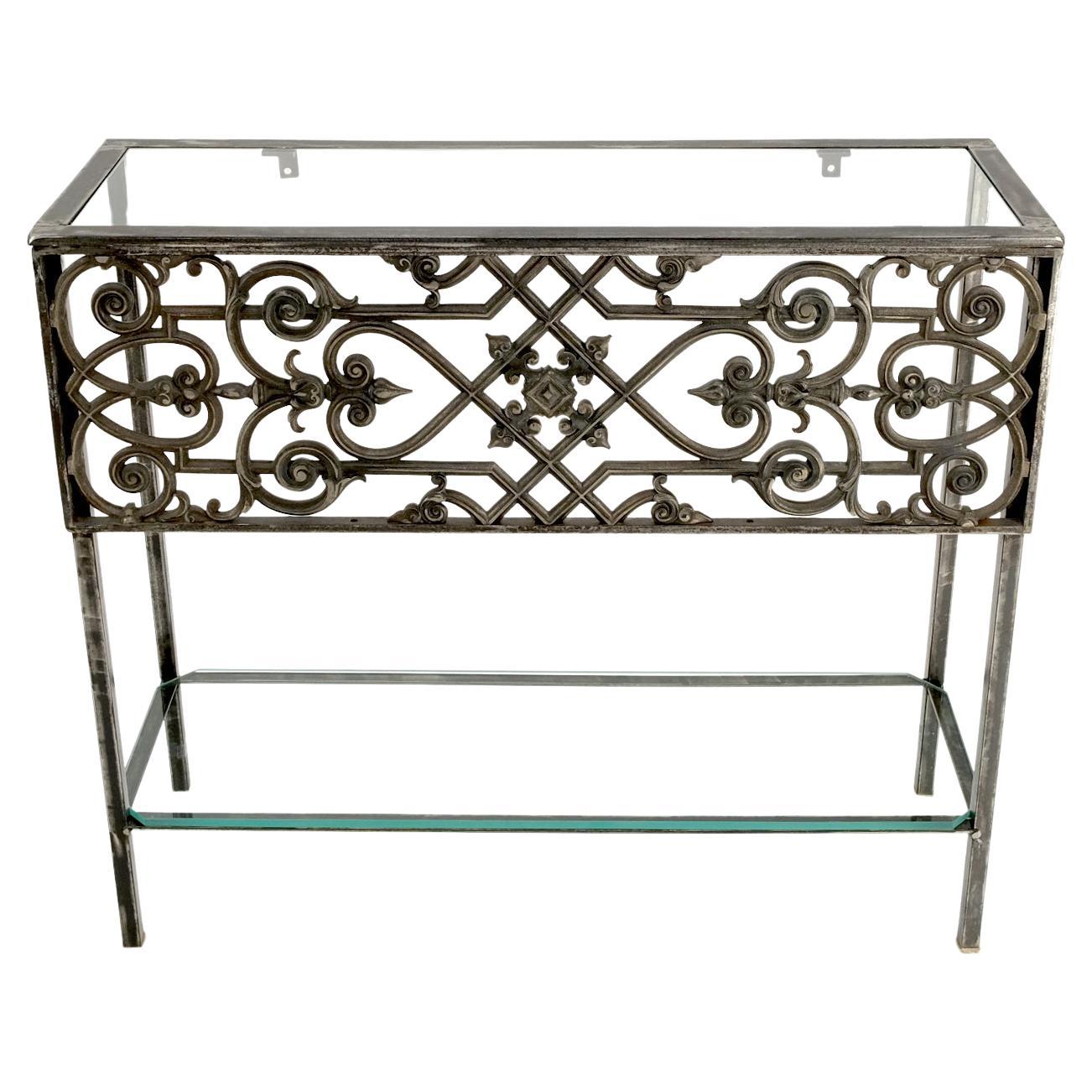 Polished Cast Iron Ornament 2 Tier Glass Top Lower Shelf Console Sofa Table For Sale