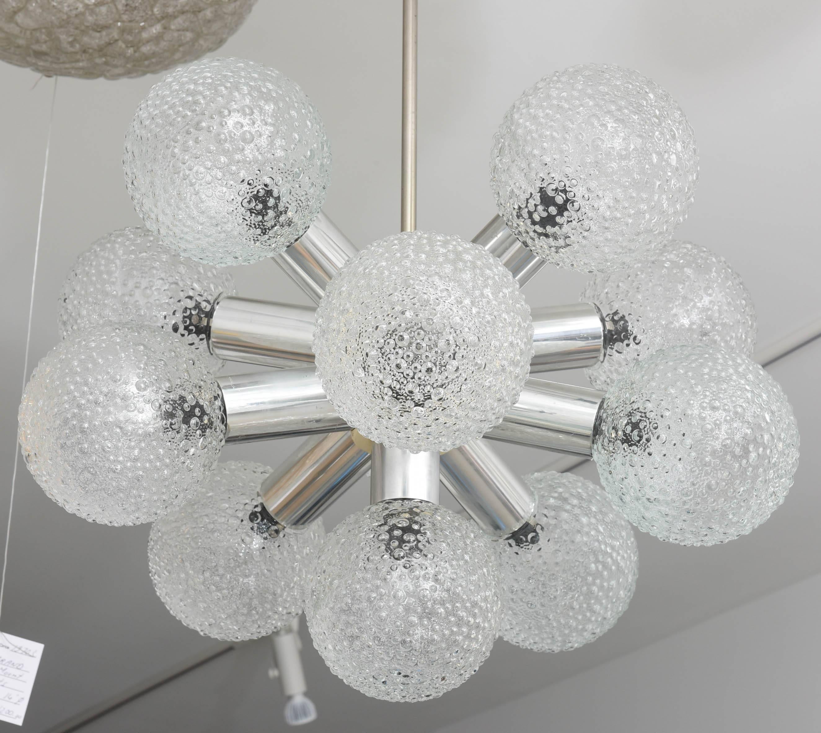 Molded Polished Chrome and Bubble Glass Chandelier For Sale