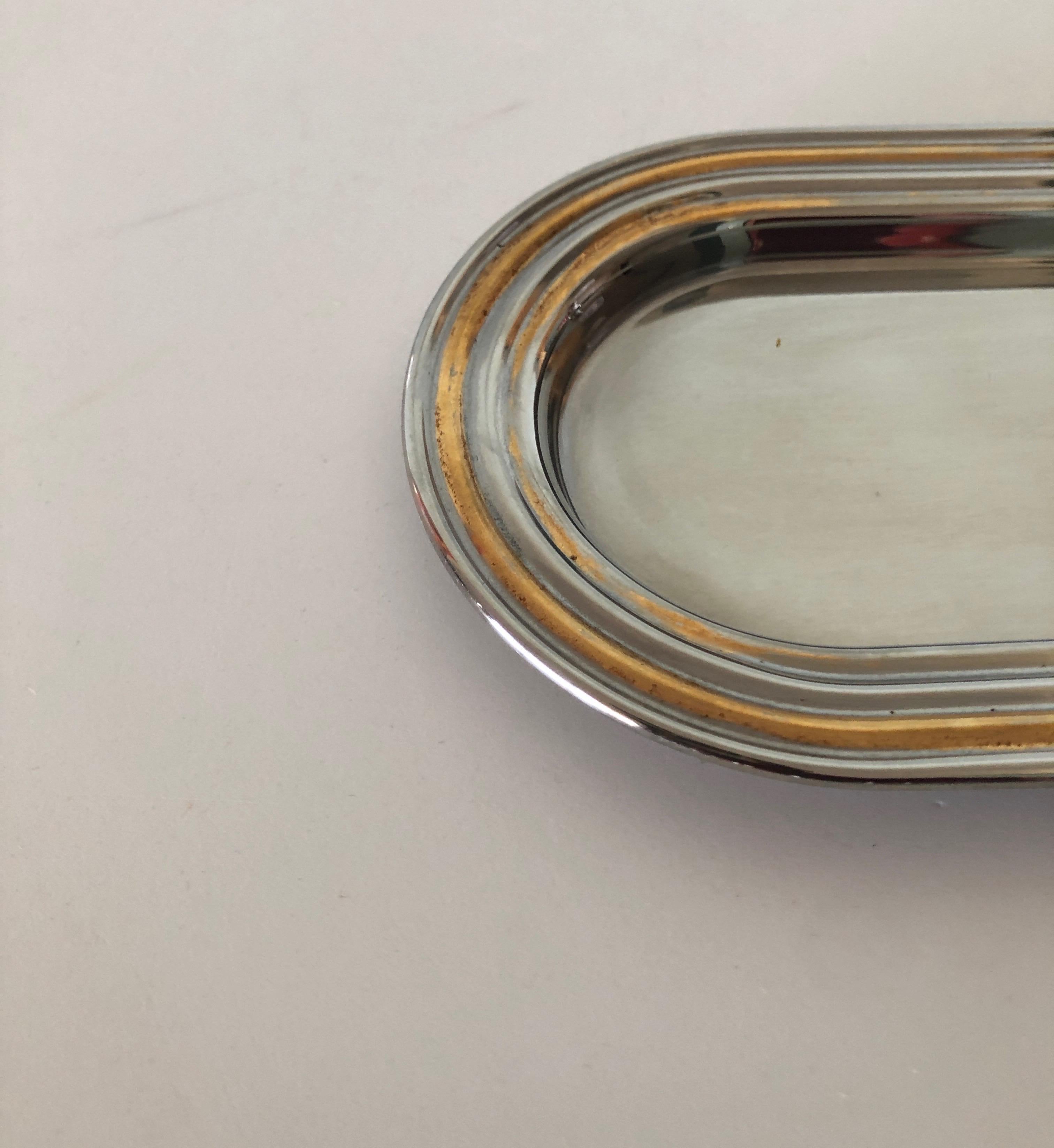 Art Deco Polished Chrome and Gold Small Oval Key Tray by Maison Guy Degrenne Paris