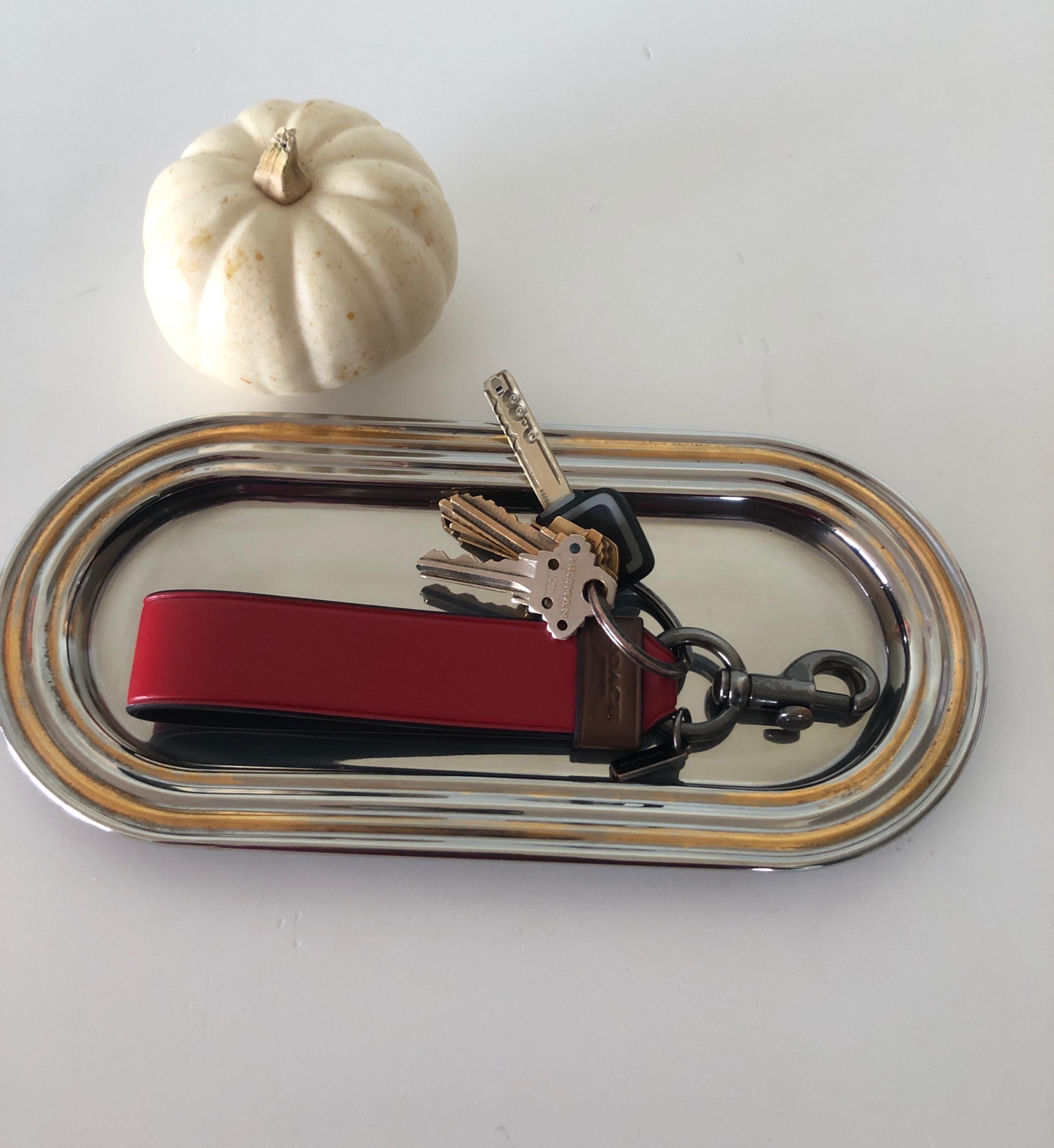 Hand-Crafted Polished Chrome and Gold Small Oval Key Tray by Maison Guy Degrenne Paris