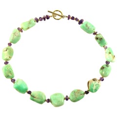 Polished Chrysoprase Nugget and Amethyst Necklace