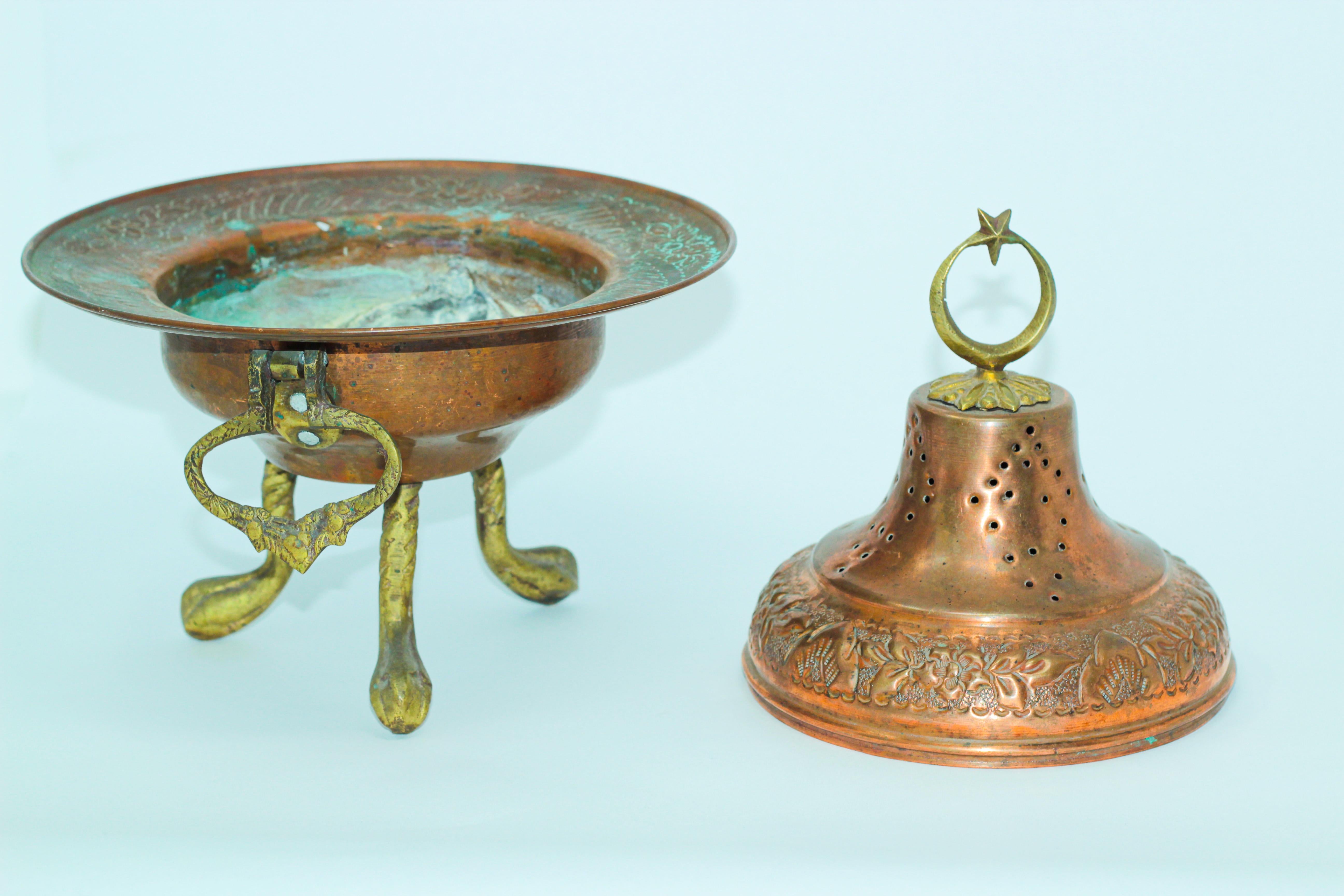 Islamic Polished Copper Footed Incense Burner with Crescent Moon and Star