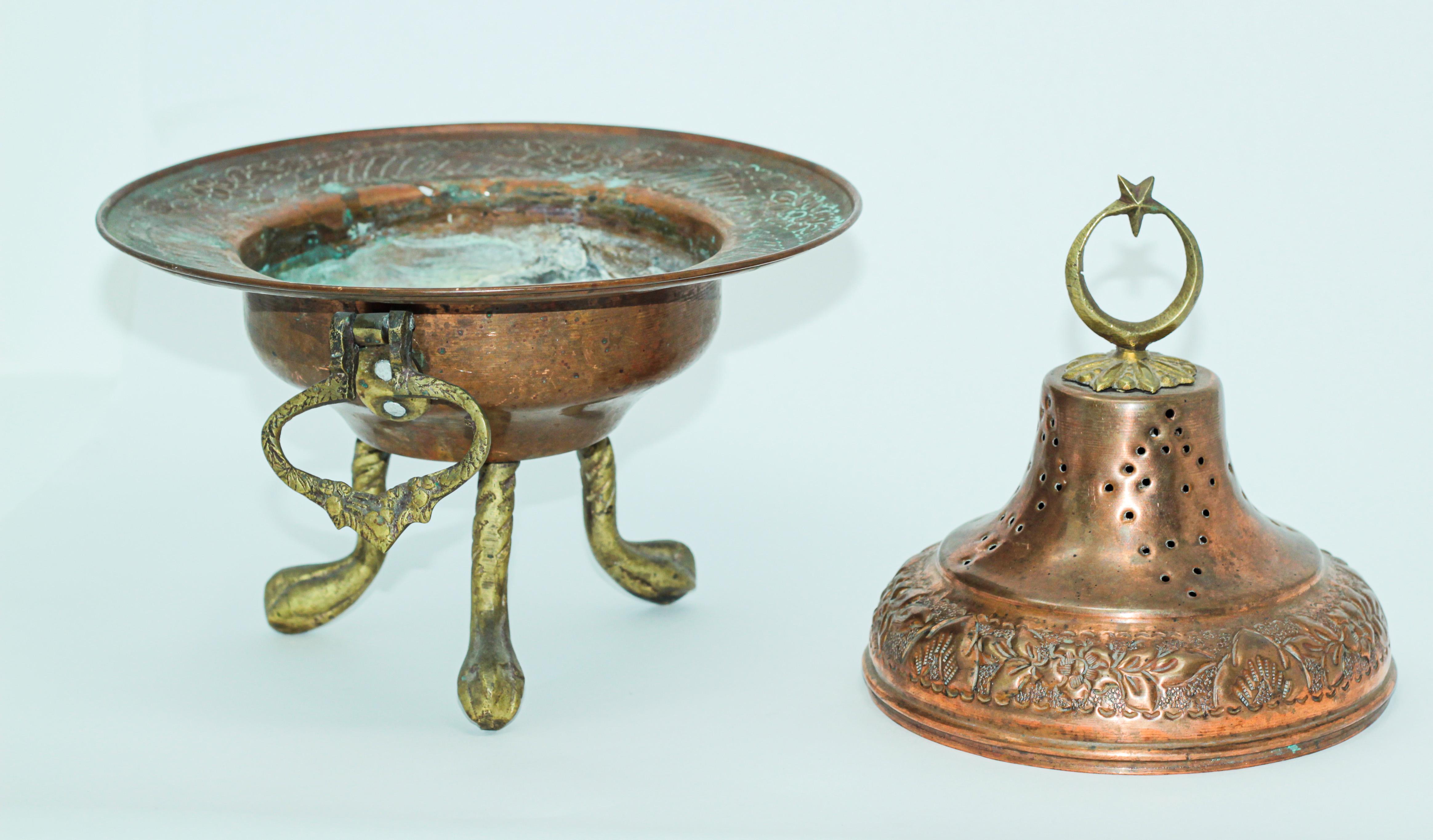 Turkish Polished Copper Footed Incense Burner with Crescent Moon and Star