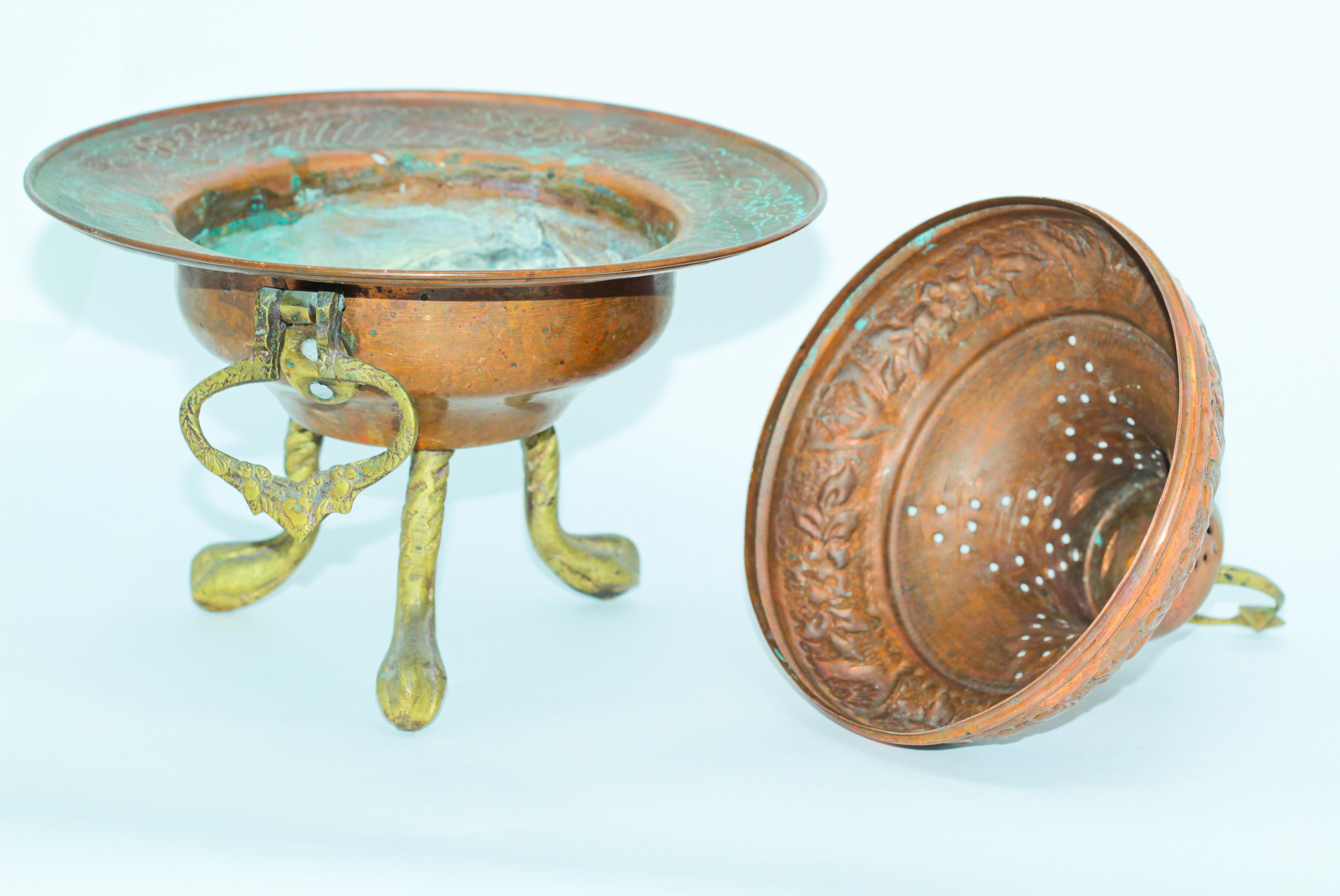 Hammered Polished Copper Footed Incense Burner with Crescent Moon and Star