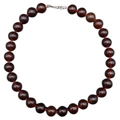 Polished Dark Amber Bead Necklace, Sterling Silver Clasp, Used, Collar
