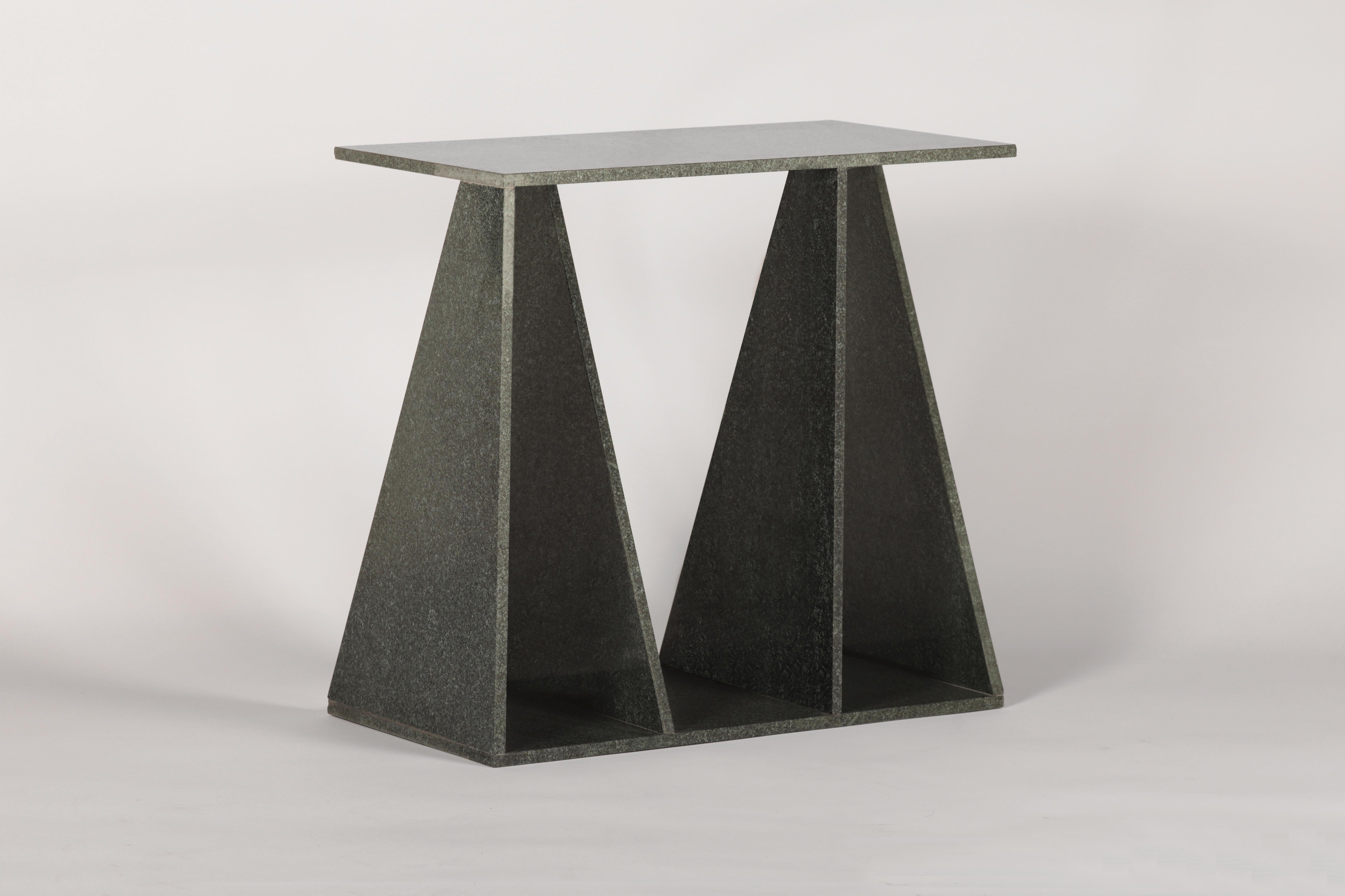 Polished Diabase Envo Side Table by Studio Mohs
Dimensions: W 55 x D 30 x H 52 cm
Materials: Marble.

Diabase, also known as dolerite and microgarbo in the literature, extracted from the Alanya-Demirtaş quarry. It is a volcanic stone with high