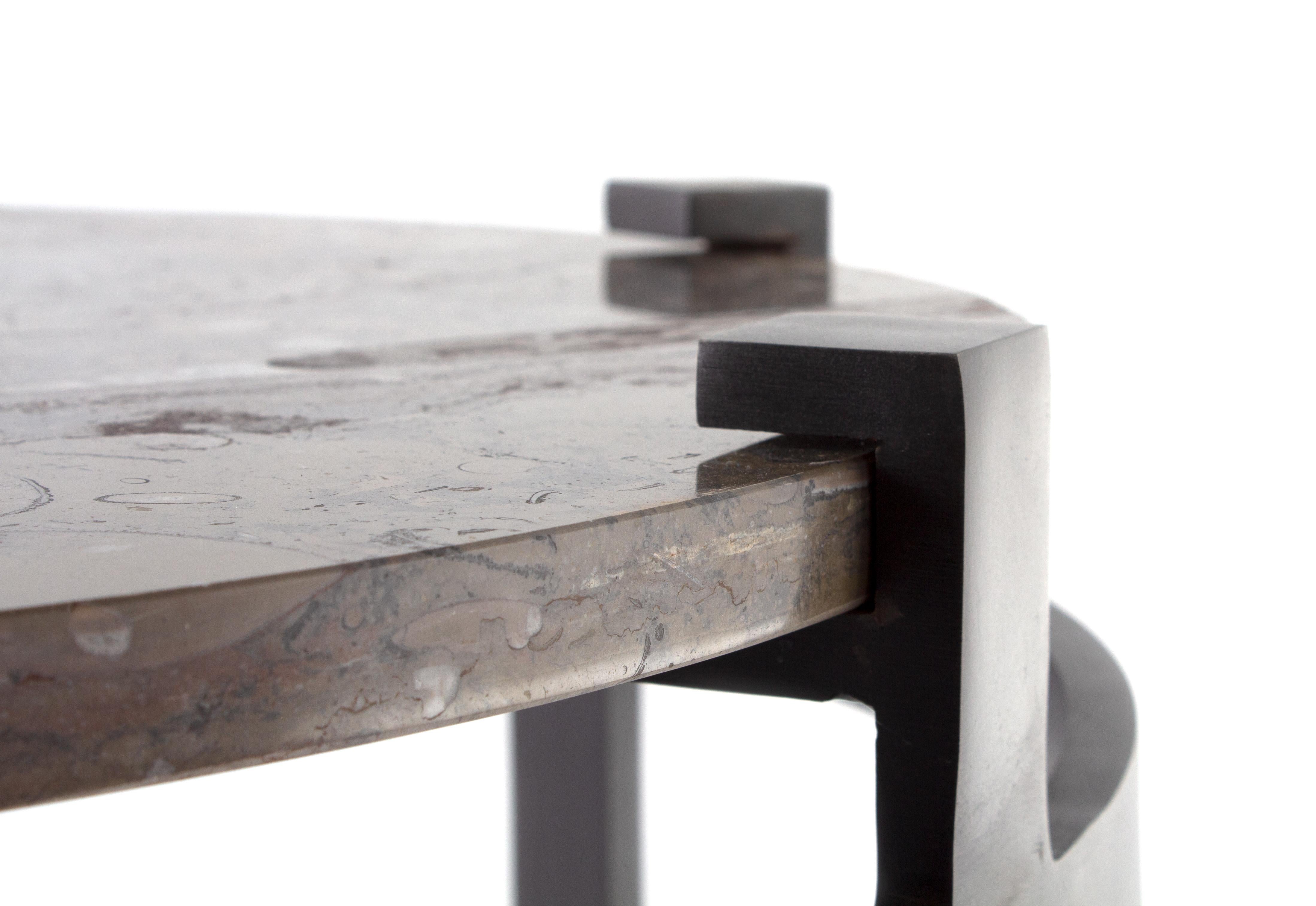 American Polished Jura Grey Limestone Top Side Table with Oil Rubbed Steel Base