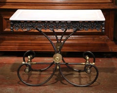 Polished French Iron Butcher or Pastry Table with Marble Top and Brass Mounts