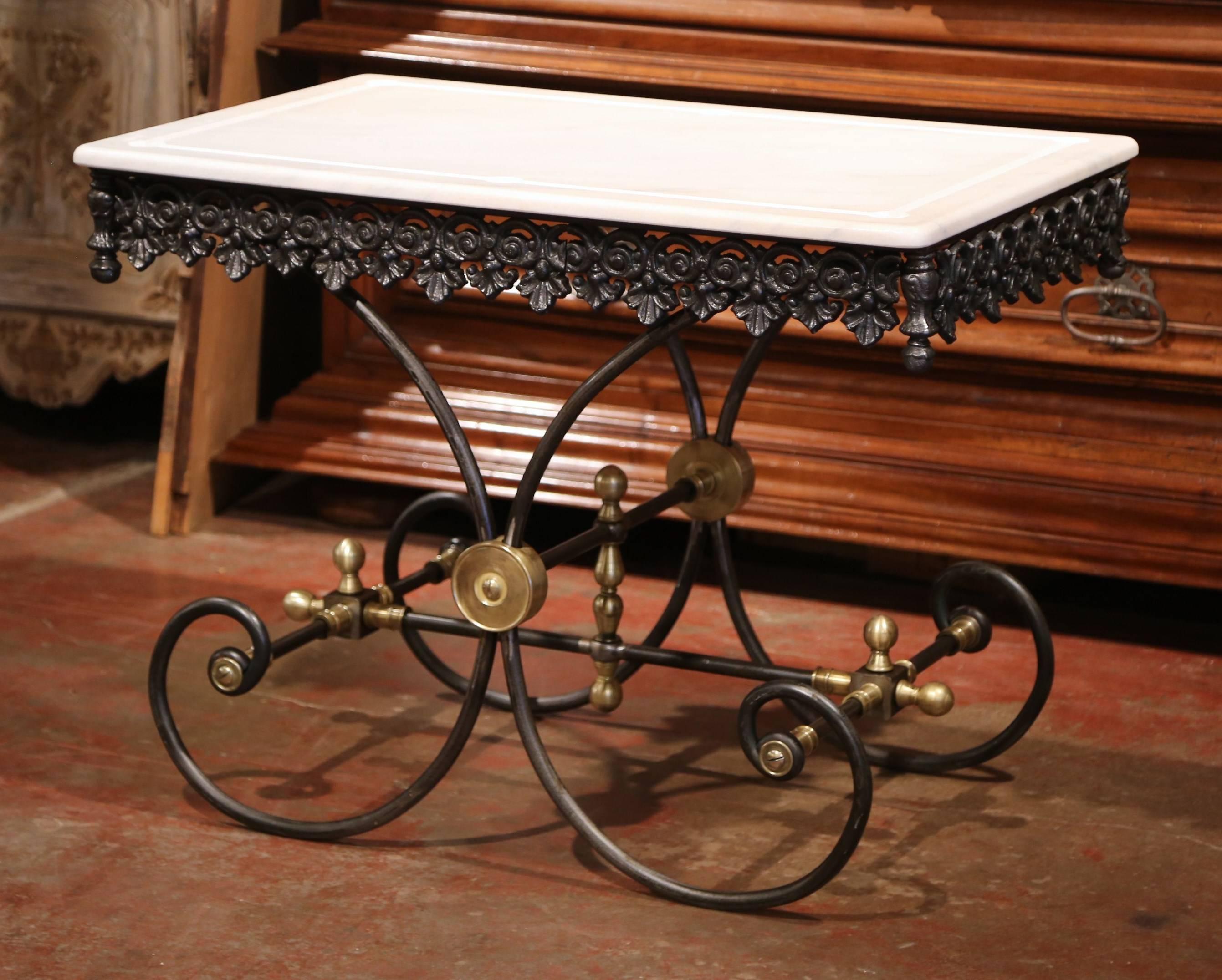 Contemporary Polished French Iron Butcher or Pastry Table with Marble Top and Brass Mounts