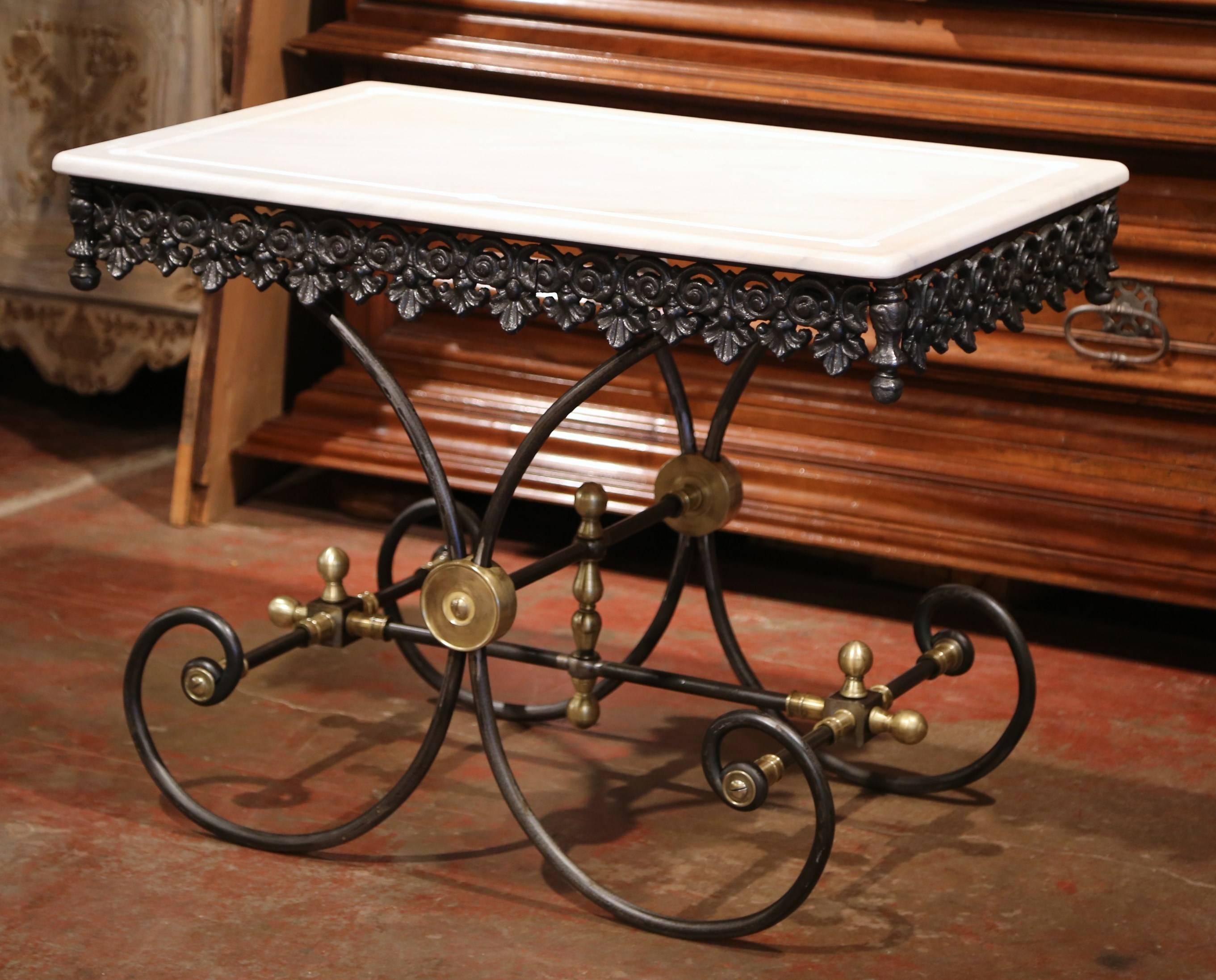 Polished French Iron Butcher or Pastry Table with Marble Top and Brass Mounts 3