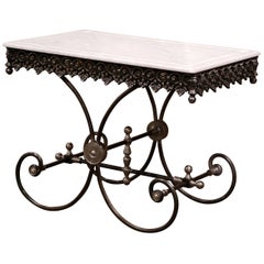 Polished French Iron Butcher or Pastry Table with Marble Top and Metal Finials