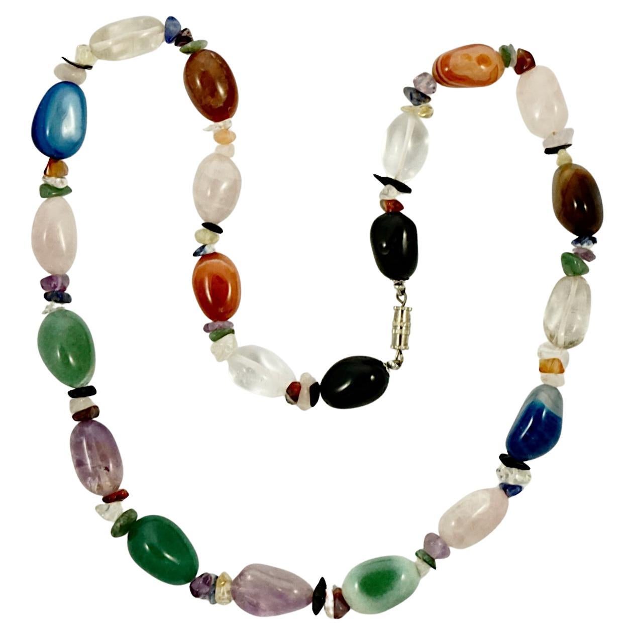 Polished Gemstone Necklace including Rose Quartz, Amethyst and Agate Beads For Sale