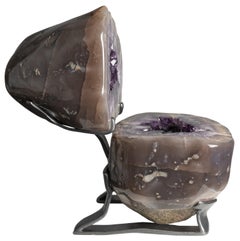Polished Geode Split in Two with Amethyst and Agate Purple Decorative Object