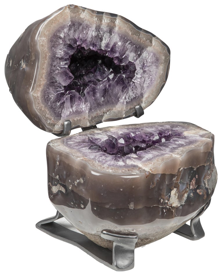 Polished Geode Split in Two with Amethyst and Agate on Metal Stand For ...