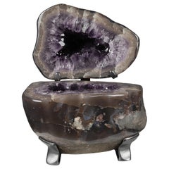 Polished Geode Split in Two with Amethyst and Agate on Metal Stand