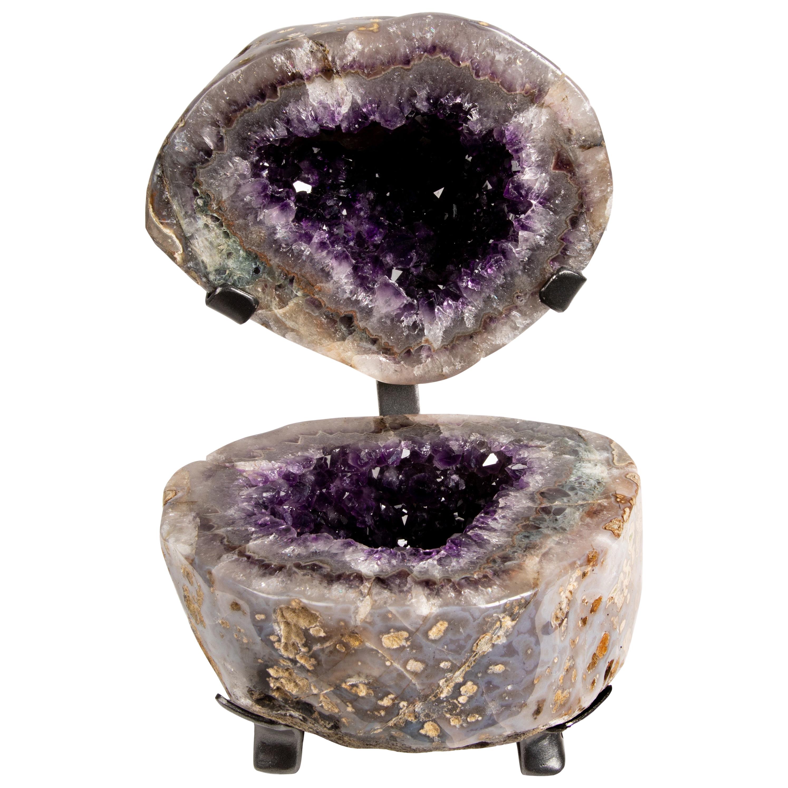 Polished Geode Split in Two with Amethyst and Calcite Inside and Agate Outside