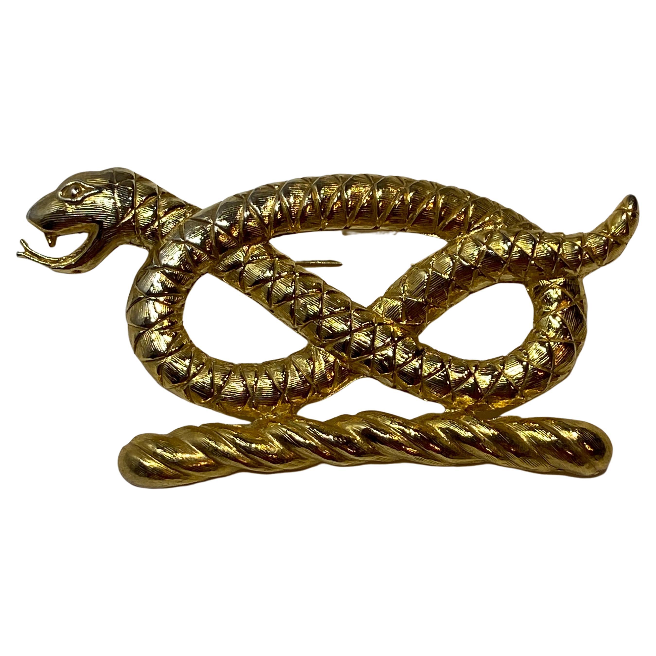 Polished Gilded Gold Hardware "Protective Snake" Brooch For Sale