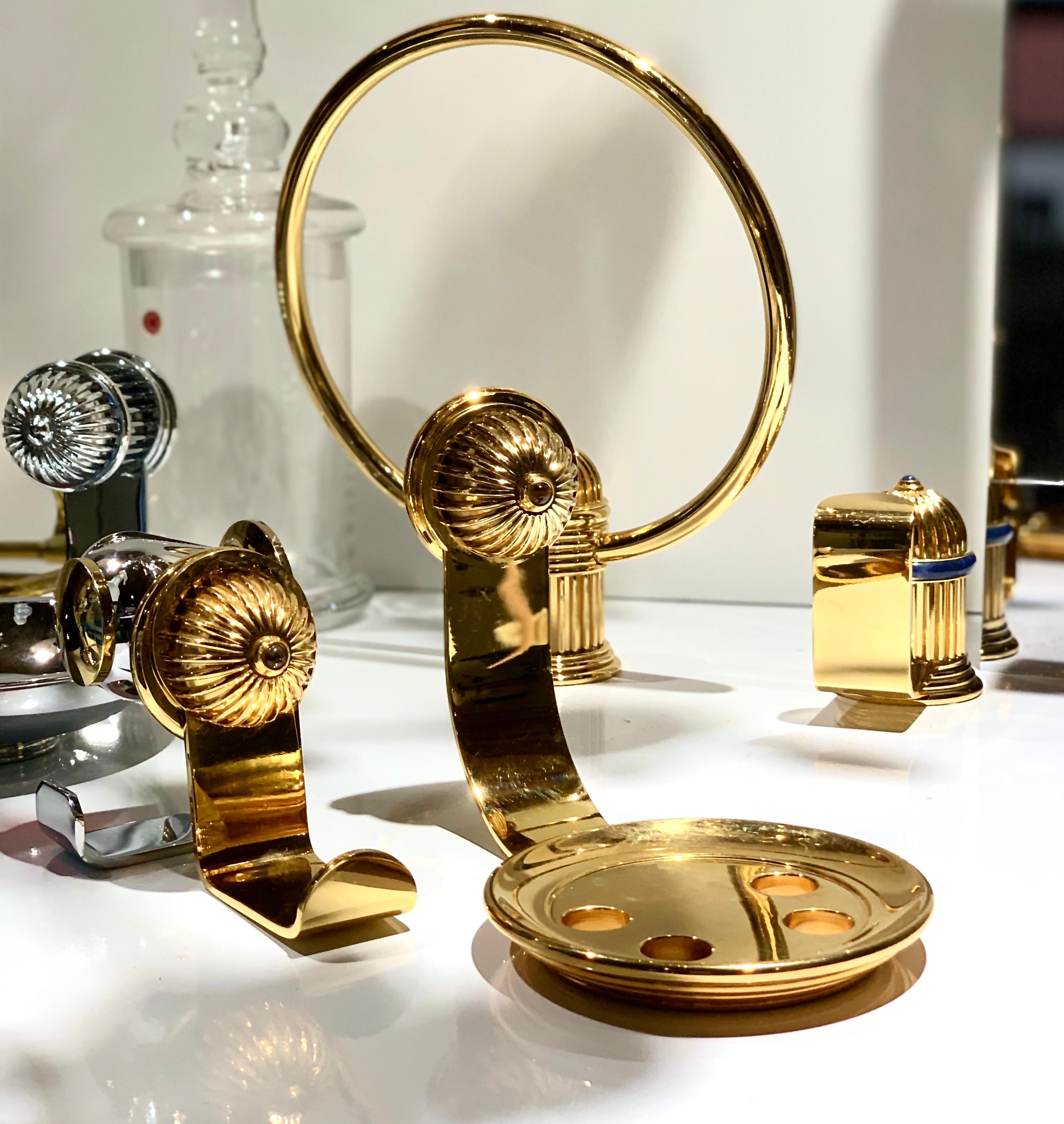 Neoclassical Revival Polished Gold and Tiger’s Eye Toothbrush Holder and Robe Hook by Serdaneli Paris