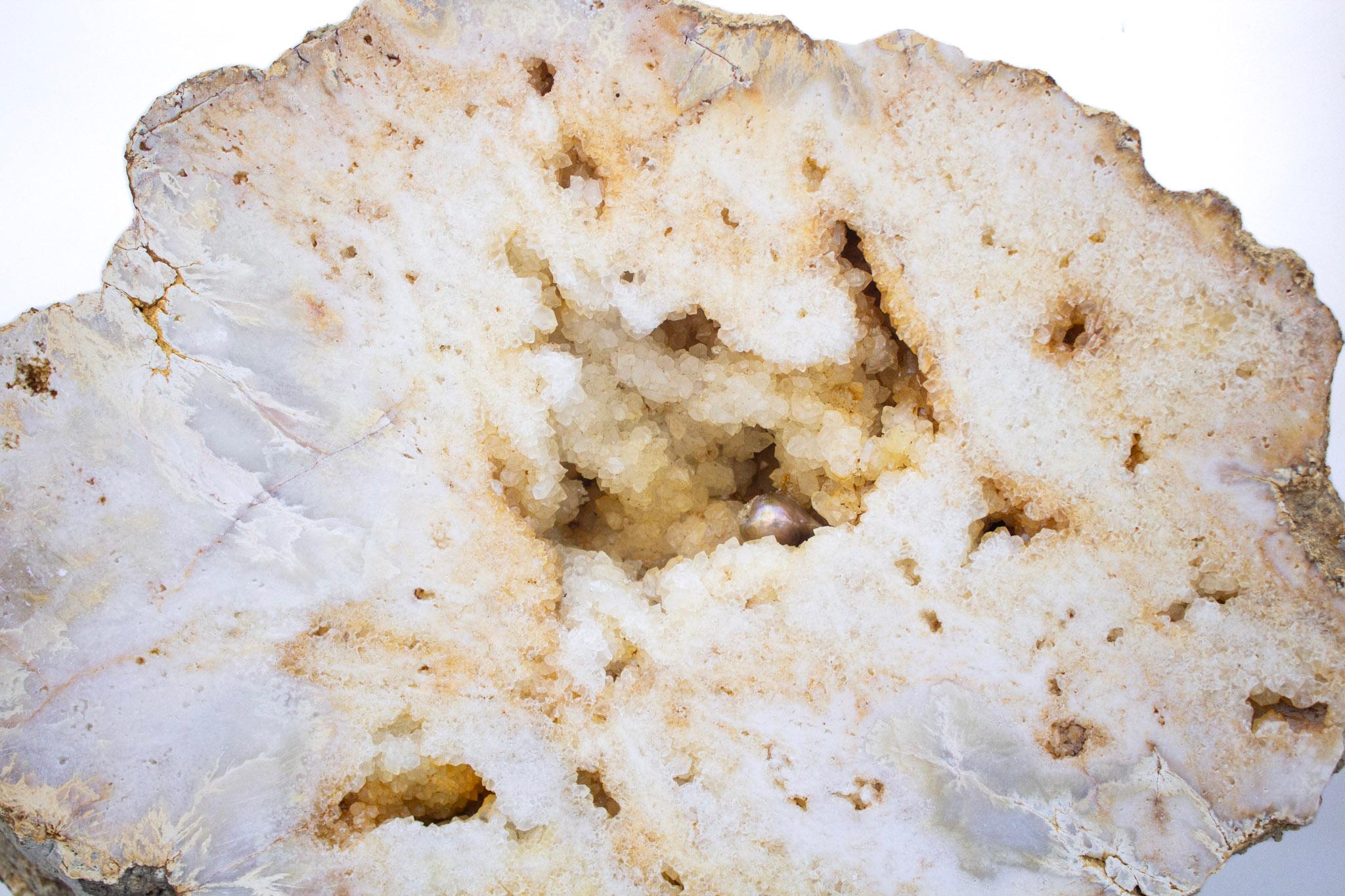 Preistorico Geode di quarzo cristallo dorato lucido con perla barocca in vendita
