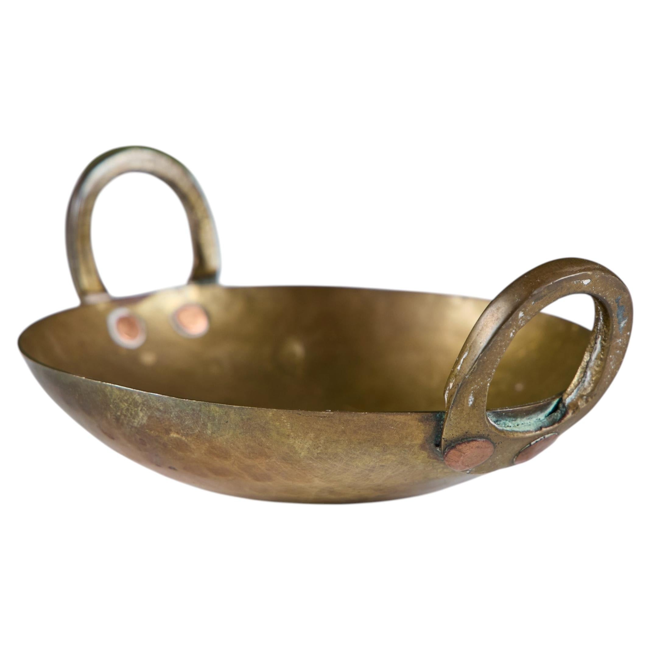 Polished Hammered Brass Bowl with Handles For Sale