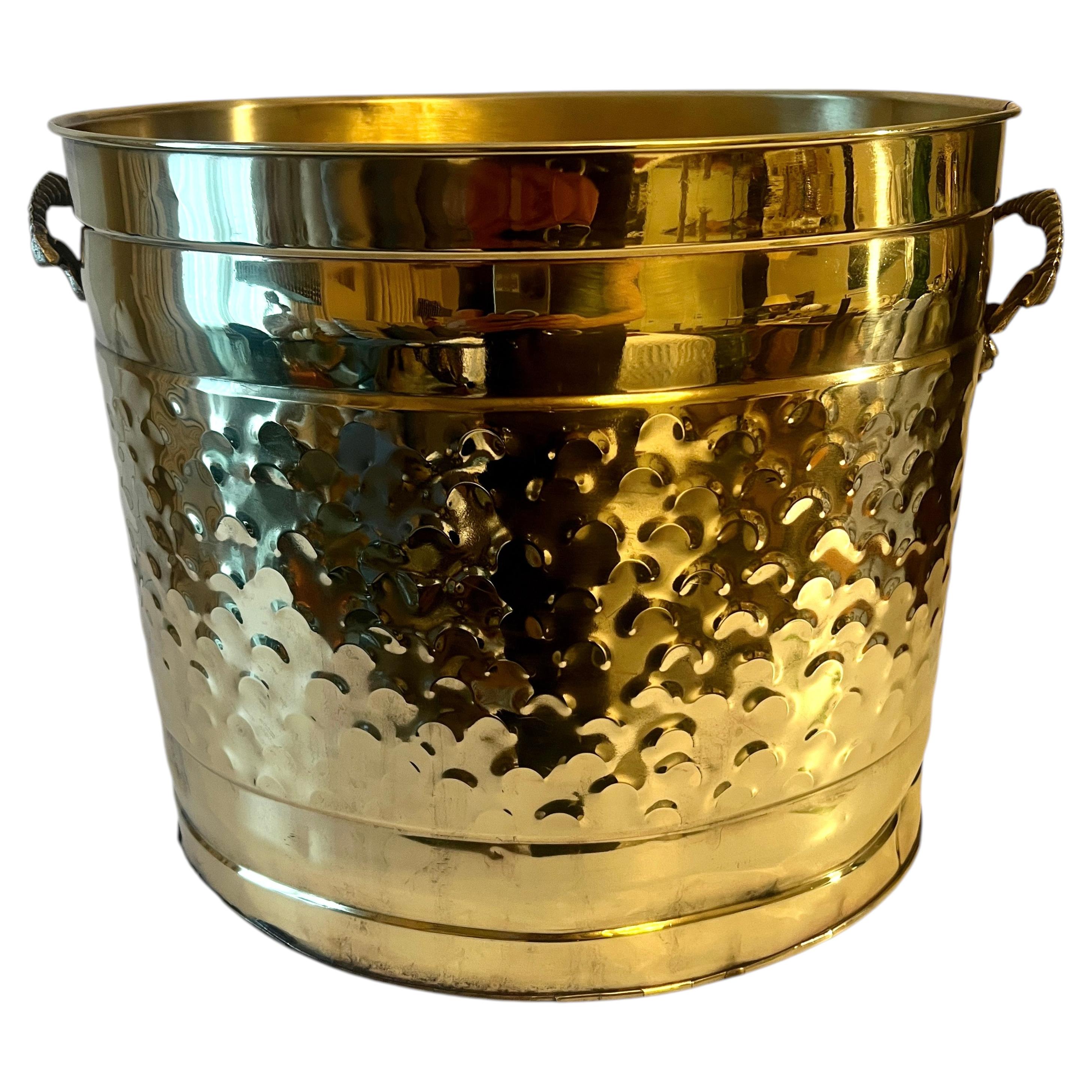 Polished Hammered Brass English Planter Storage or Wood Bin with Lion Handles For Sale