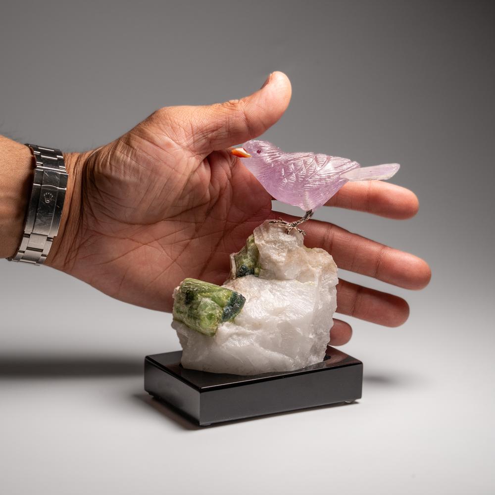 Brésilien Finition Fluorite sculptée à la main polie sur une tourmaline verte dans une matrice de quartz (5,5 pouces) en vente