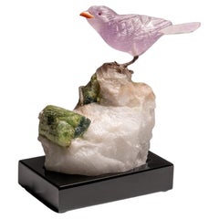 Polished Hand Carved Fluorite Finch on a Green Tourmaline in Quartz Matrix (5.5"