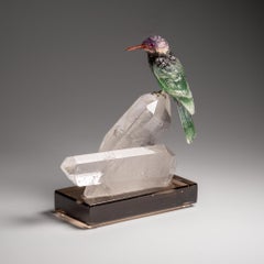 Polished Hand Carved Fluorite Hummingbirds on Clear Quartz Point Matrix (6.5"H)