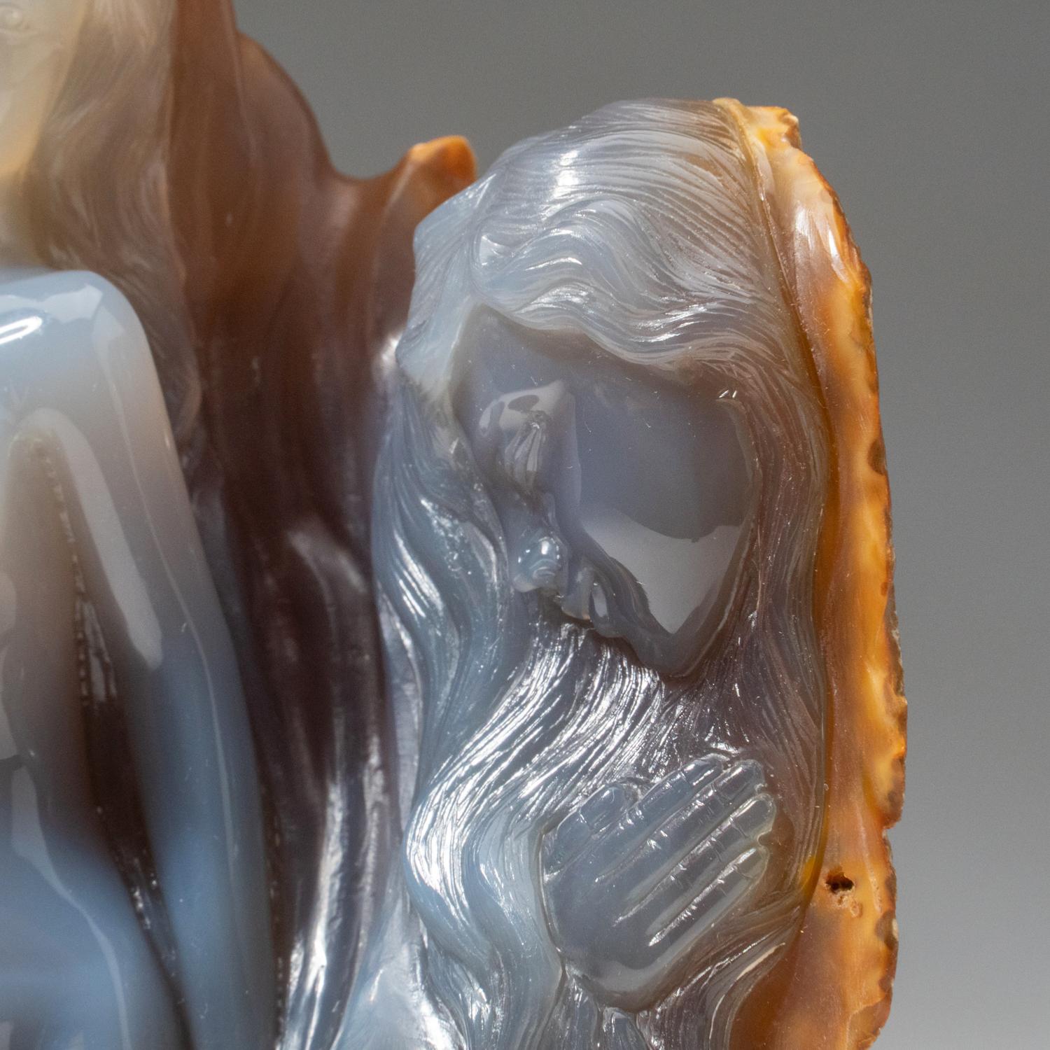 Polished Hand Carved Imperial Blue-Gray Chalcedony Bust and Profile on a Custom  For Sale 3