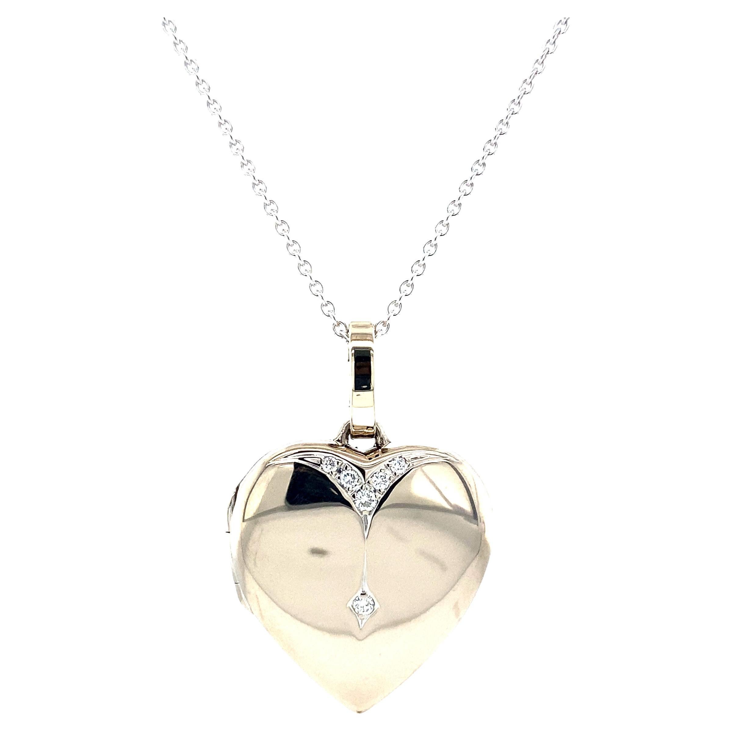 Polished Heart Locket Pendant Necklace 18k White Gold 6 Diamonds 0.09 ct H VS