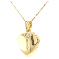 Used Polished Heart Locket Pendant Necklace - 18k Yellow Gold - 6 Diamonds 0.09 ct