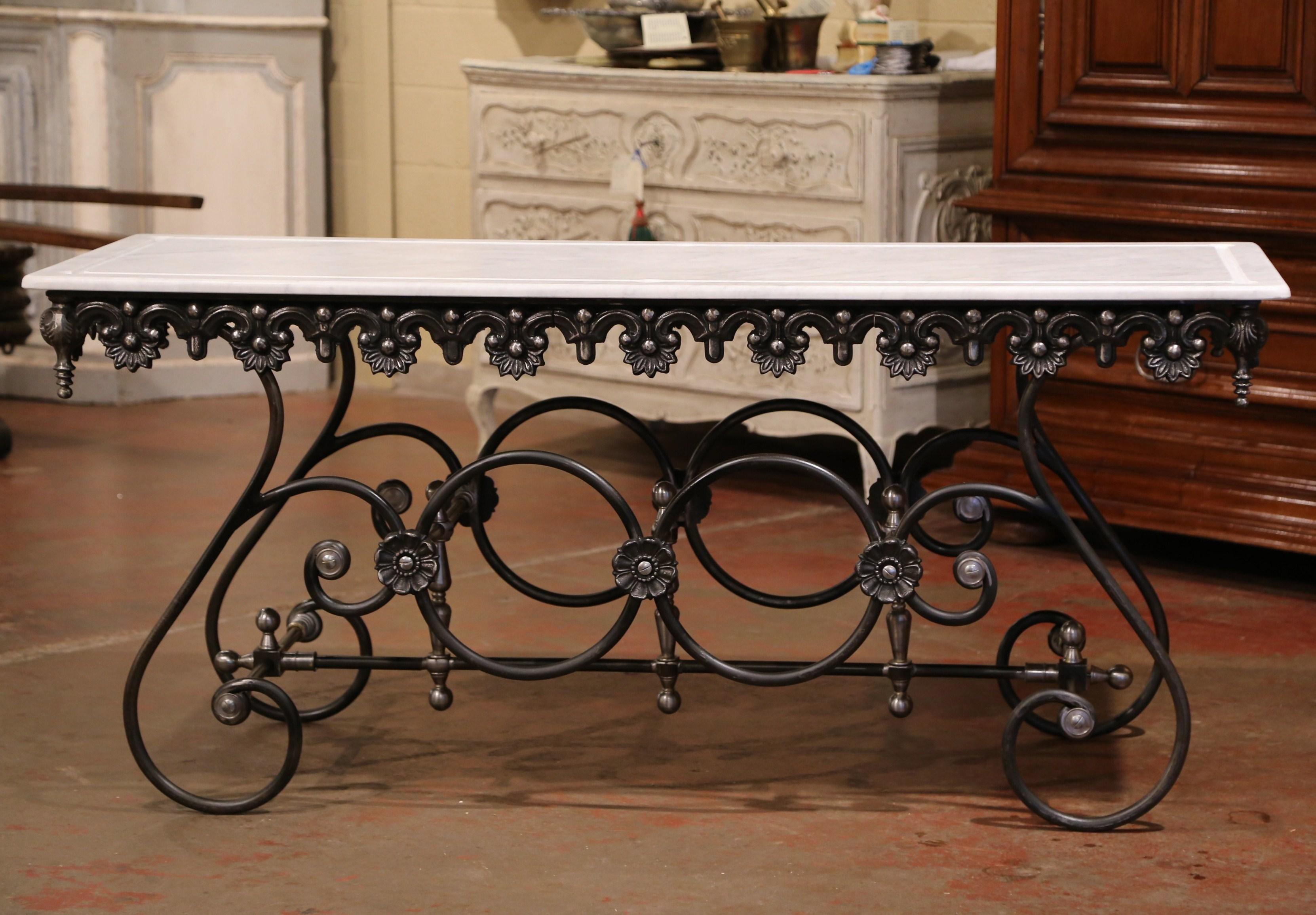 Hand-Crafted Polished Iron Butcher Pastry Table with Marble Top from France
