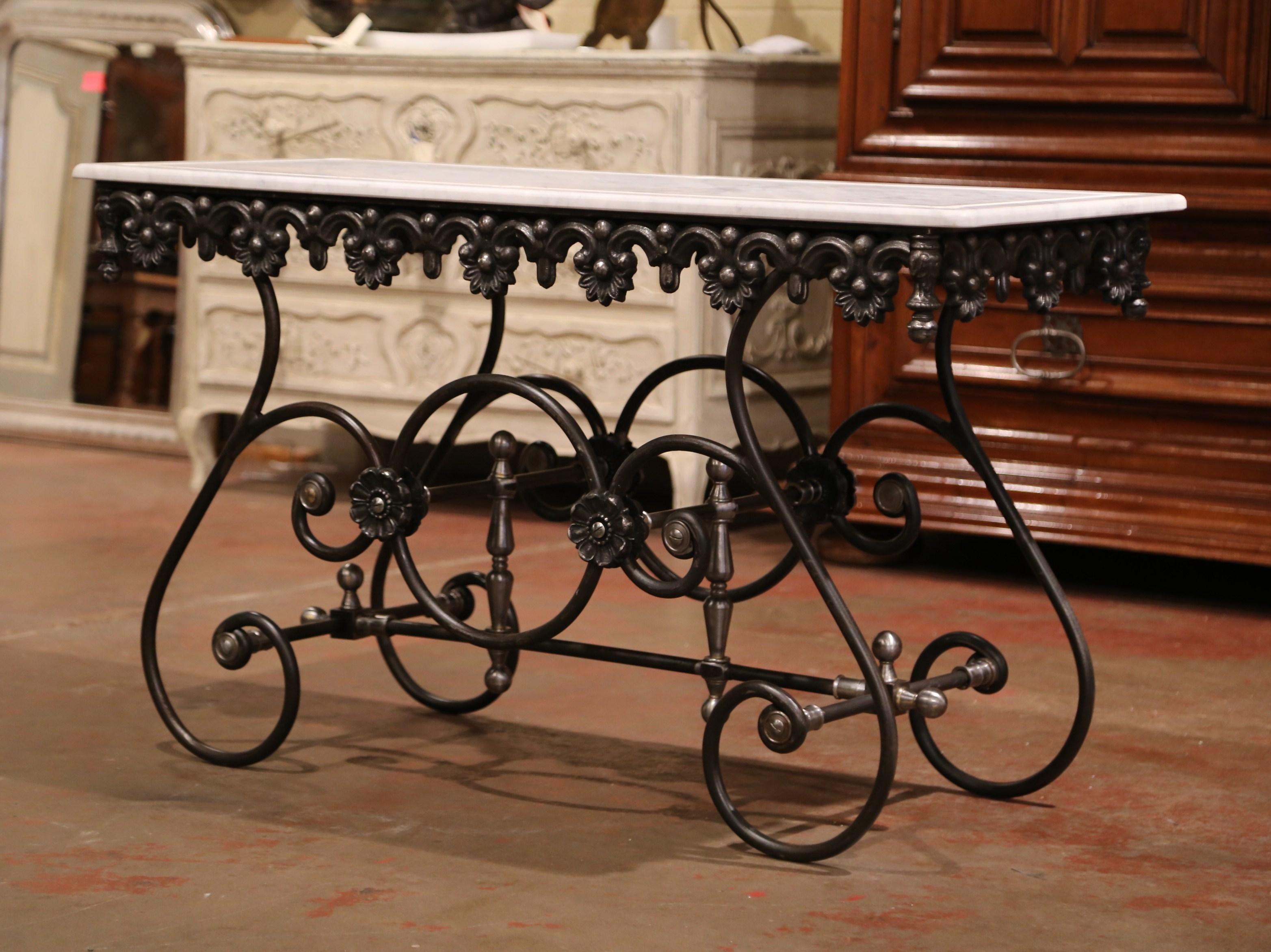 French Polished Iron Butcher Pastry Table with White Marble Top from France
