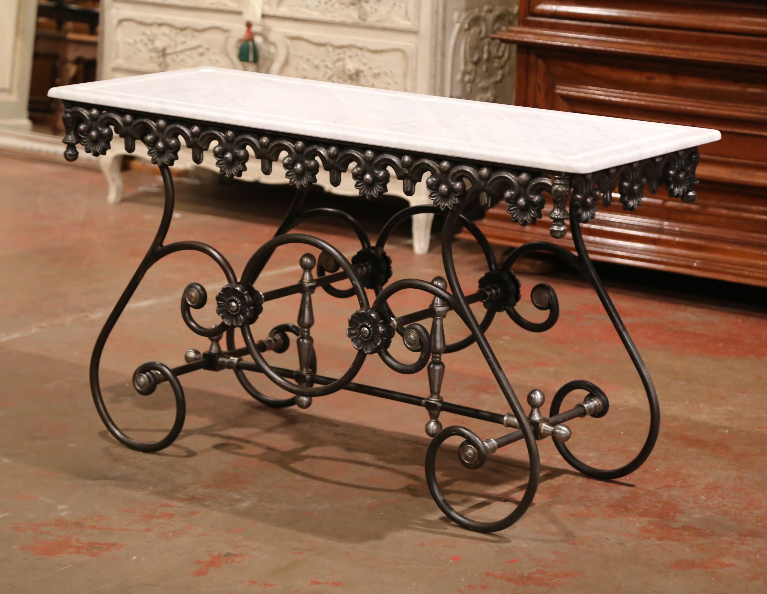 Contemporary Polished Iron Butcher Pastry Table with White Marble Top from France