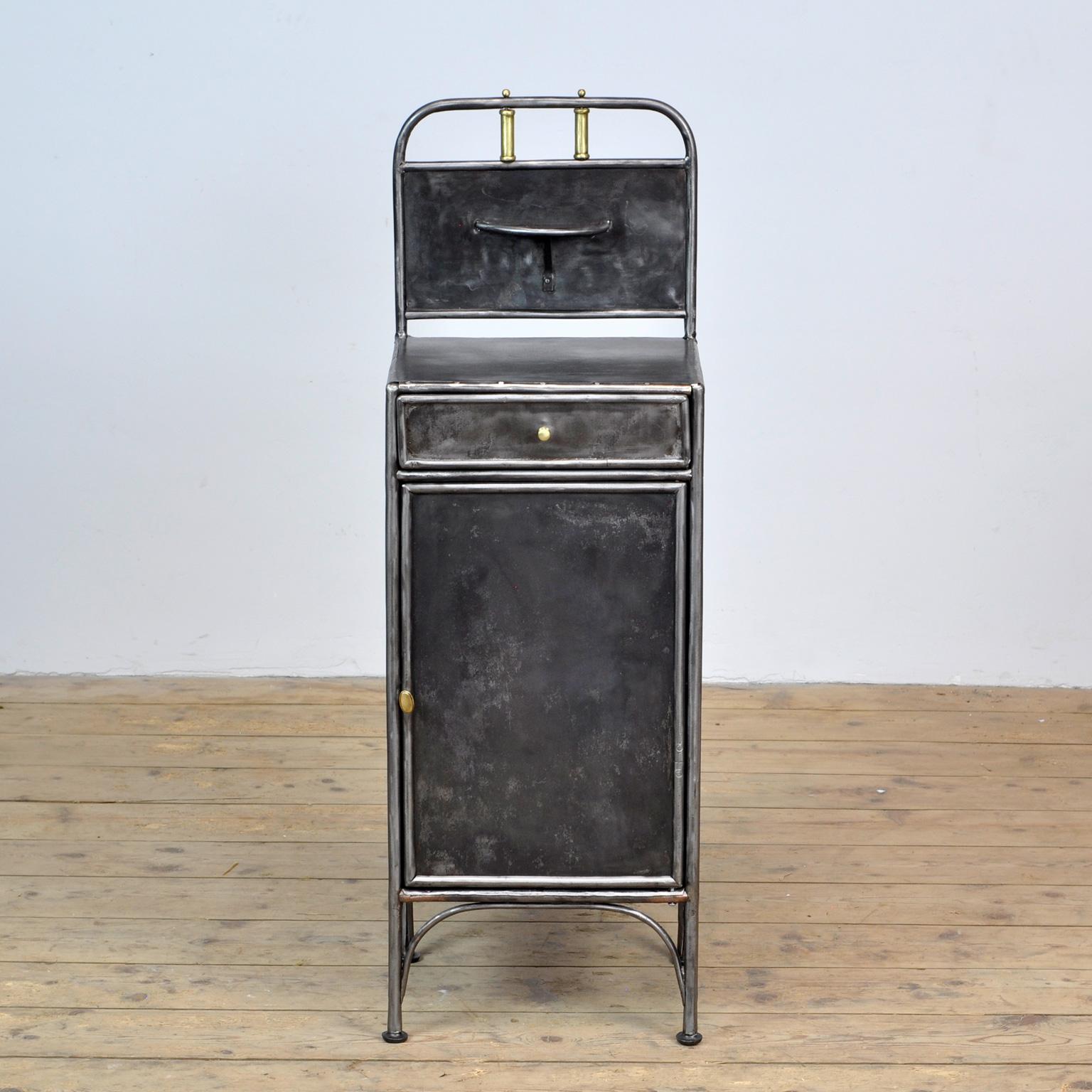 German Polished Iron Nightstand with Brass Details, 1910s