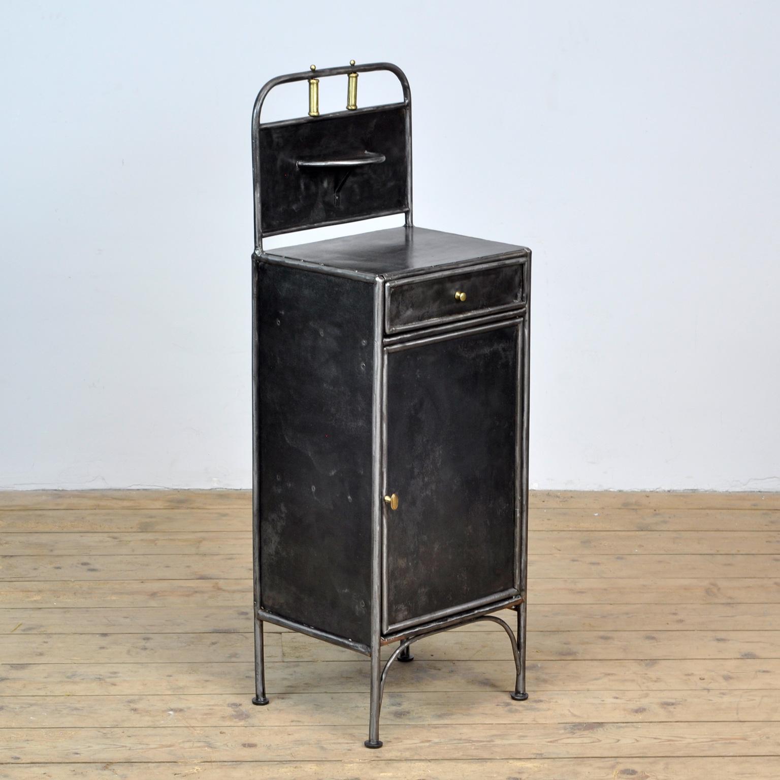 Early 20th Century Polished Iron Nightstand with Brass Details, 1910s