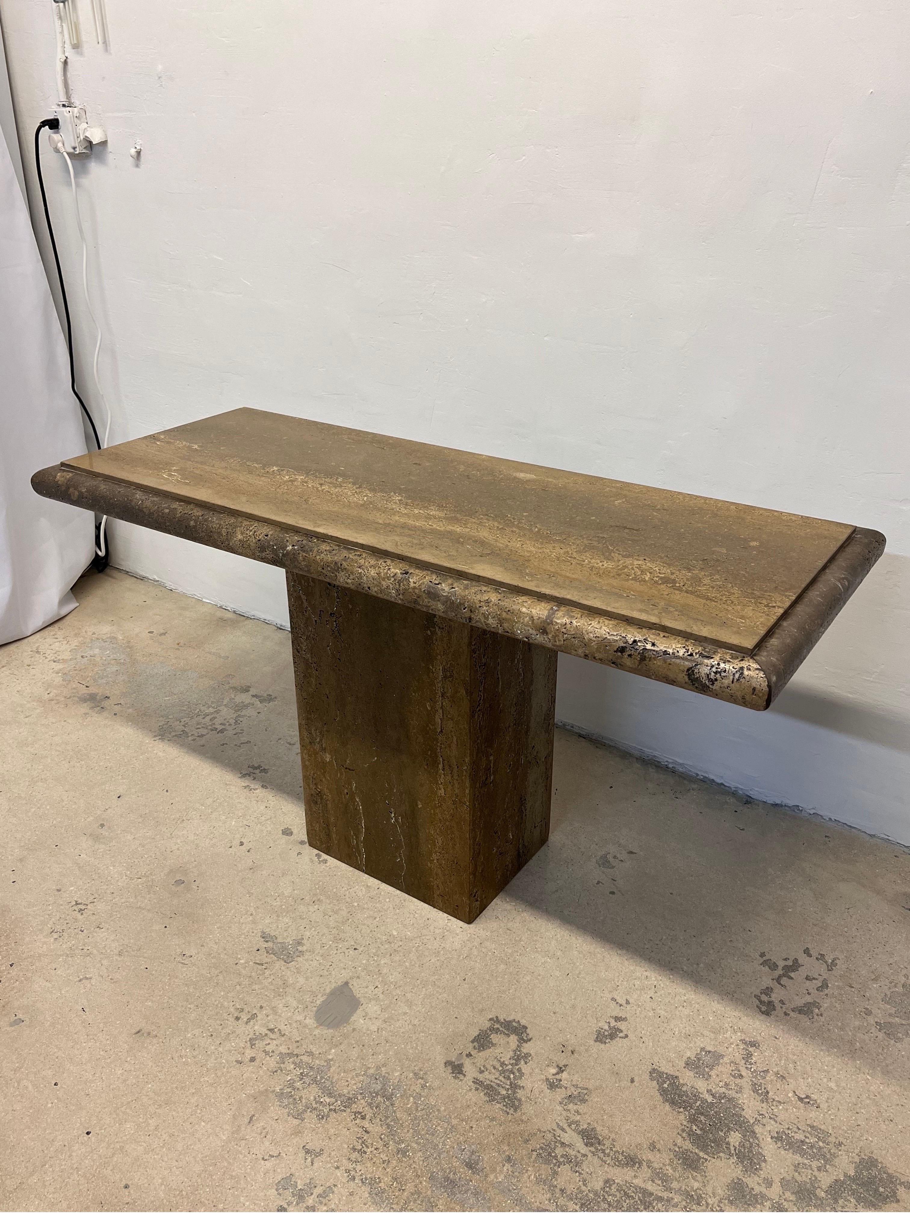 Polished Italian Travertine Bullnose Console Table, Italy 1970s In Good Condition For Sale In Miami, FL