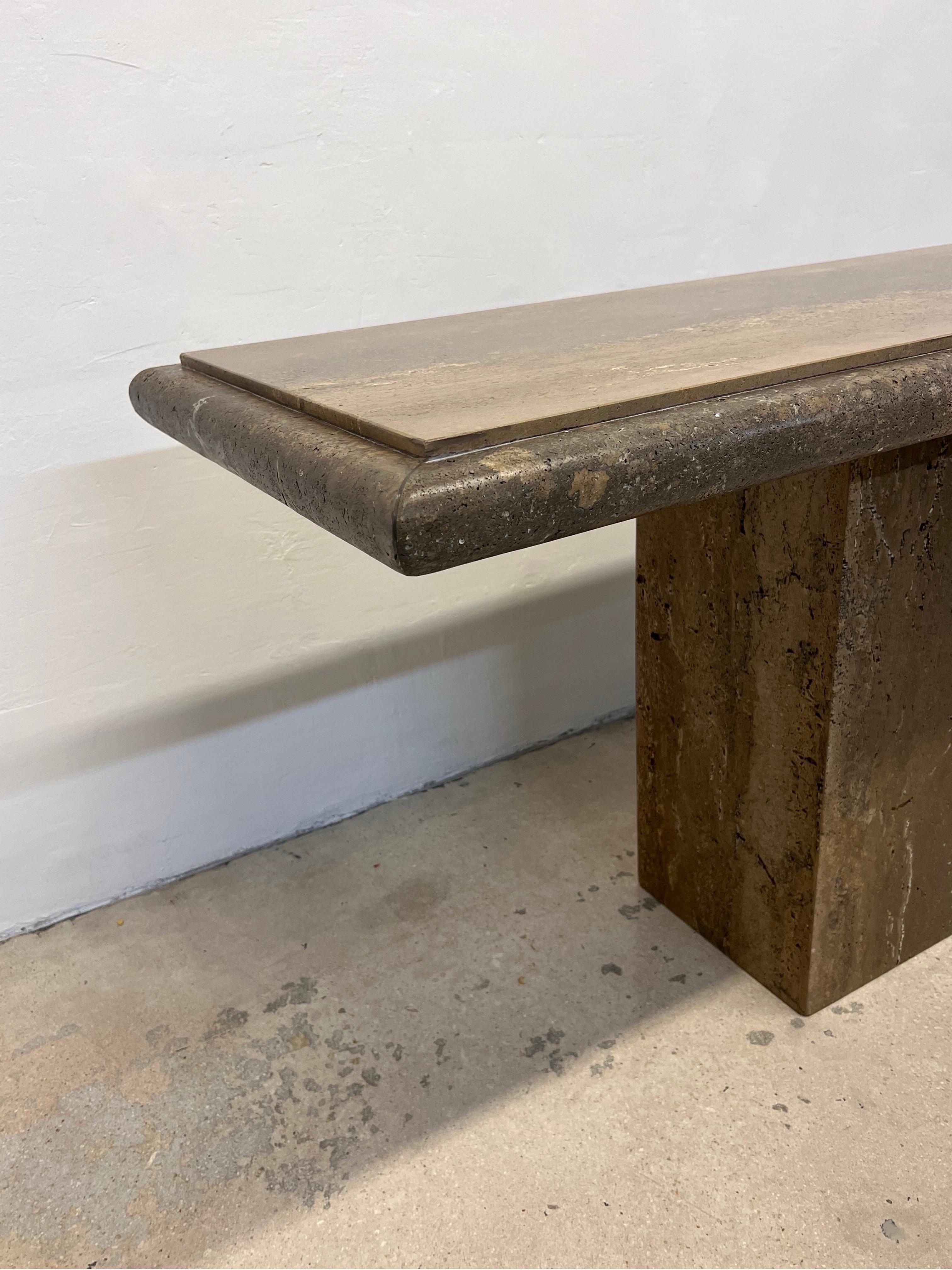 Polished Italian Travertine Bullnose Console Table, Italy 1970s For Sale 1