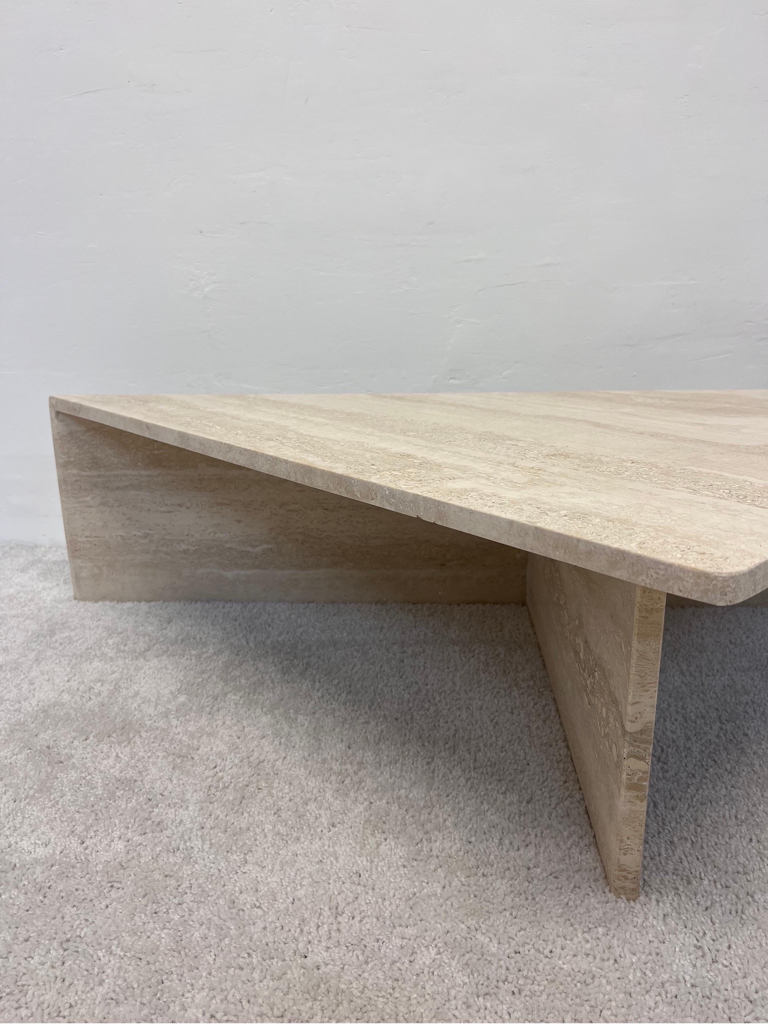 Polished Italian Travertine Triangle Coffee Tables, 1970s, a Pair 6