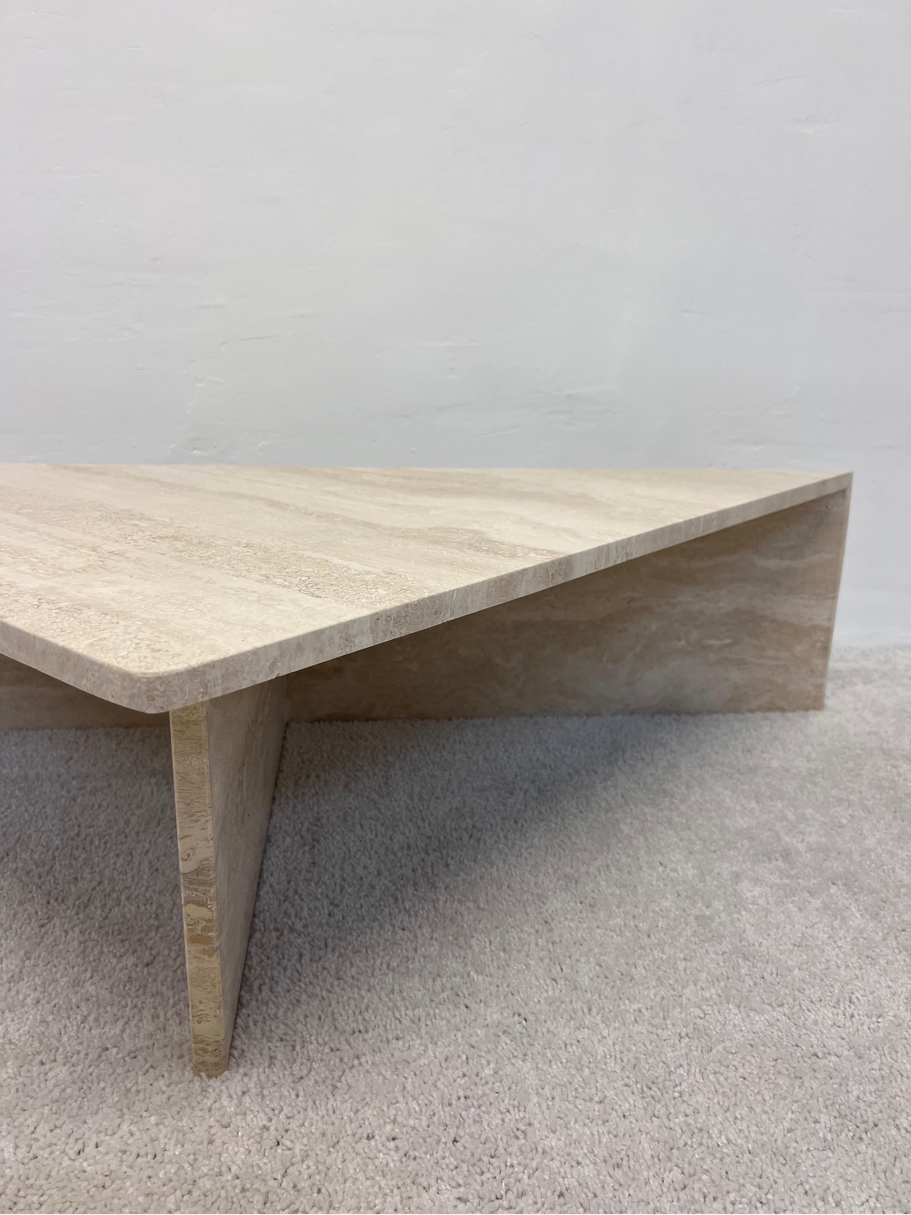 Polished Italian Travertine Triangle Coffee Tables, 1970s, a Pair 7