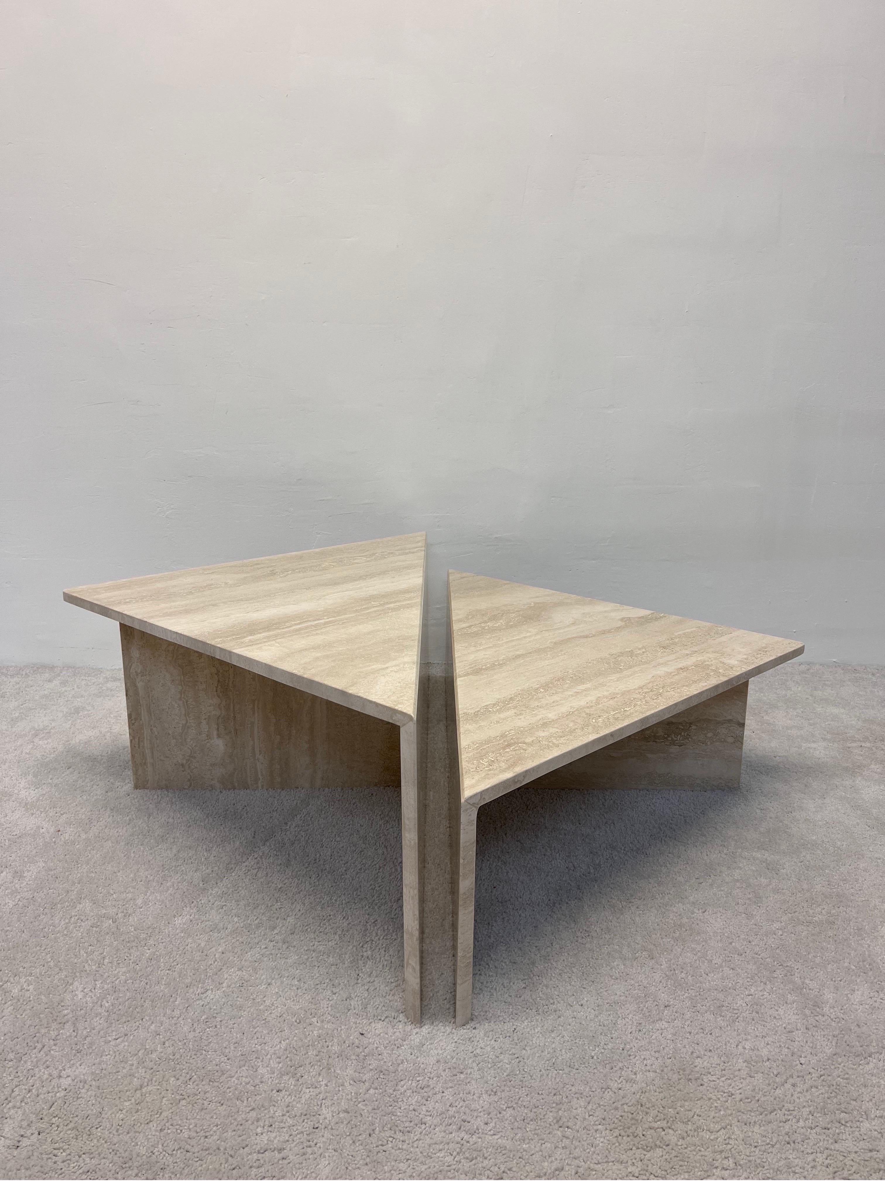 Mid-Century Modern Polished Italian Travertine Triangle Coffee Tables, 1970s, a Pair