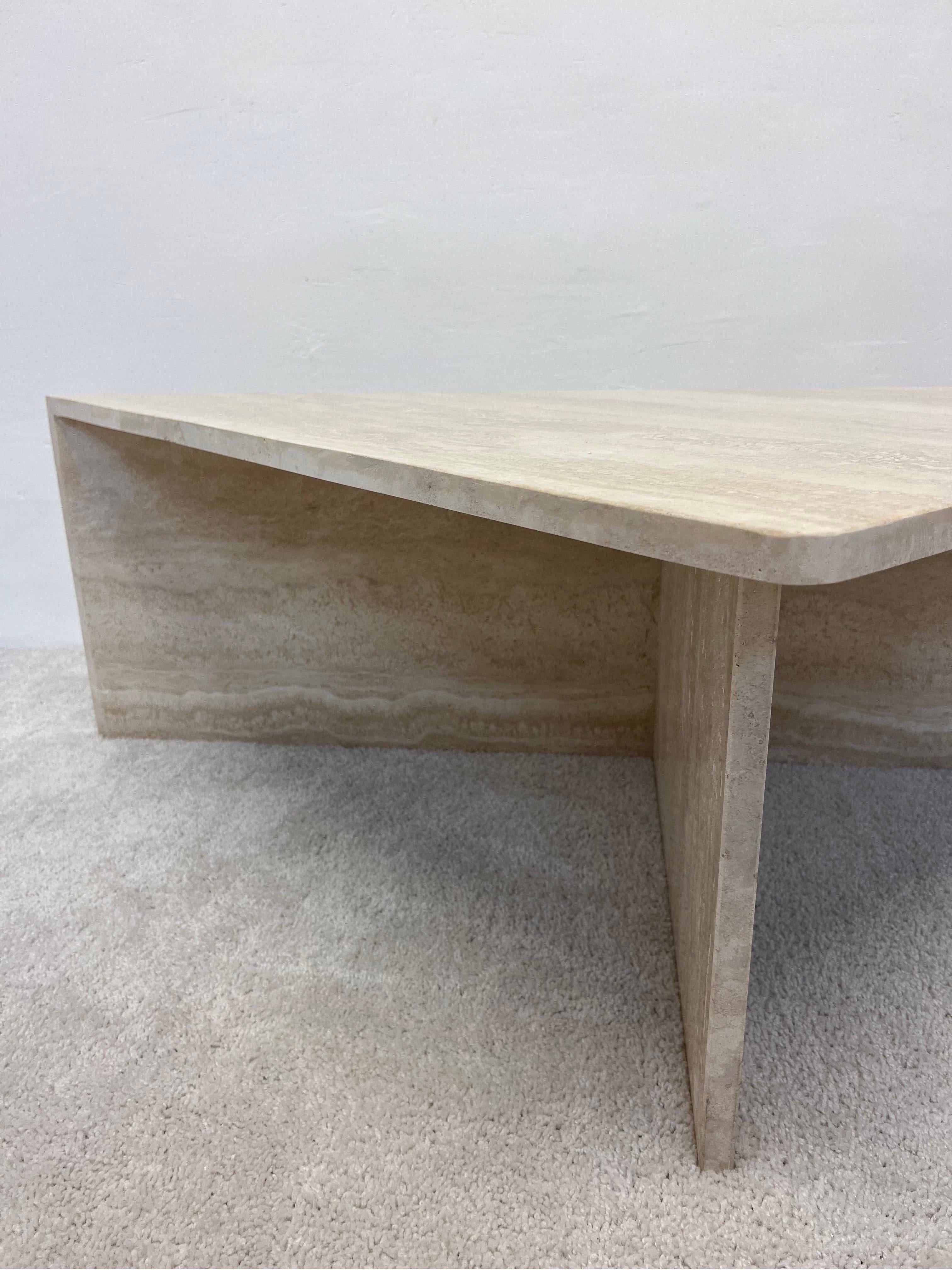 Polished Italian Travertine Triangle Coffee Tables, 1970s, a Pair 2